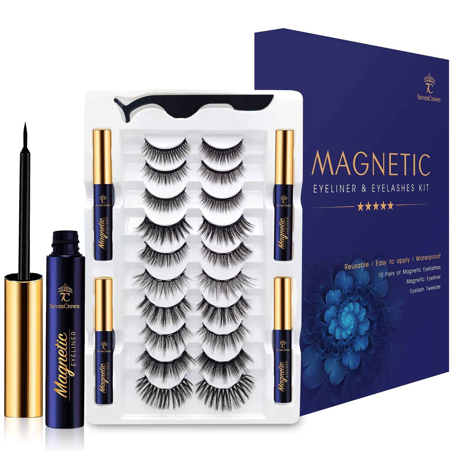 7C SevenCrown Magnetic Eyelashes with Eyeliner Kit - Magnetic Lashes Natural Looking,Upgraded Long Lasting,10 Pairs 3D Reusable 5 Magnet False Eyelashes with Applicator, Easy to Apply.