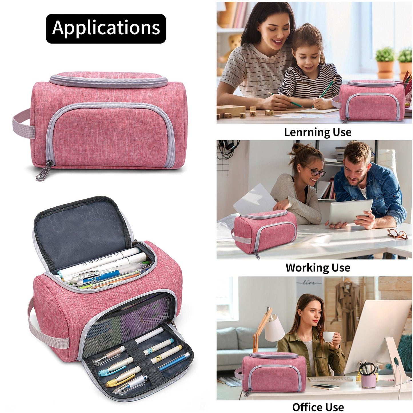 XQXA Pencil Pouch Large Capacity Pencil Case Organizer, Multifunctional Pencil Pouch with Compartmens,Big Pencil Bag for Office School Travel Girls Women Teens (Pink)