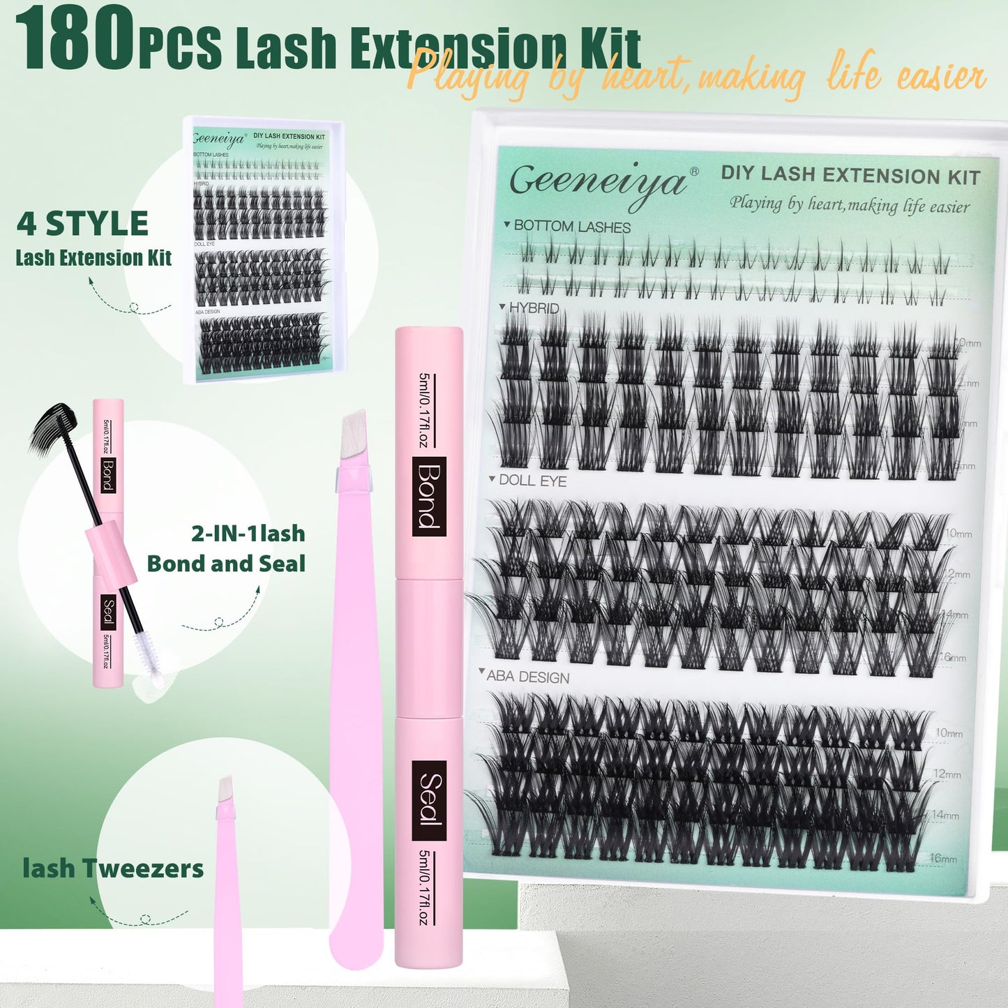 Geeneiya Natural Lash Clusters Kit C Curl DIY Lash Extension Kit 10-16mm Cluster Eyelash Extensions Kit with Waterproof Lash Bond and Seal, Tweezers, Bottom Clusters (0.05D,180Pcs, 4 Styles Mix)