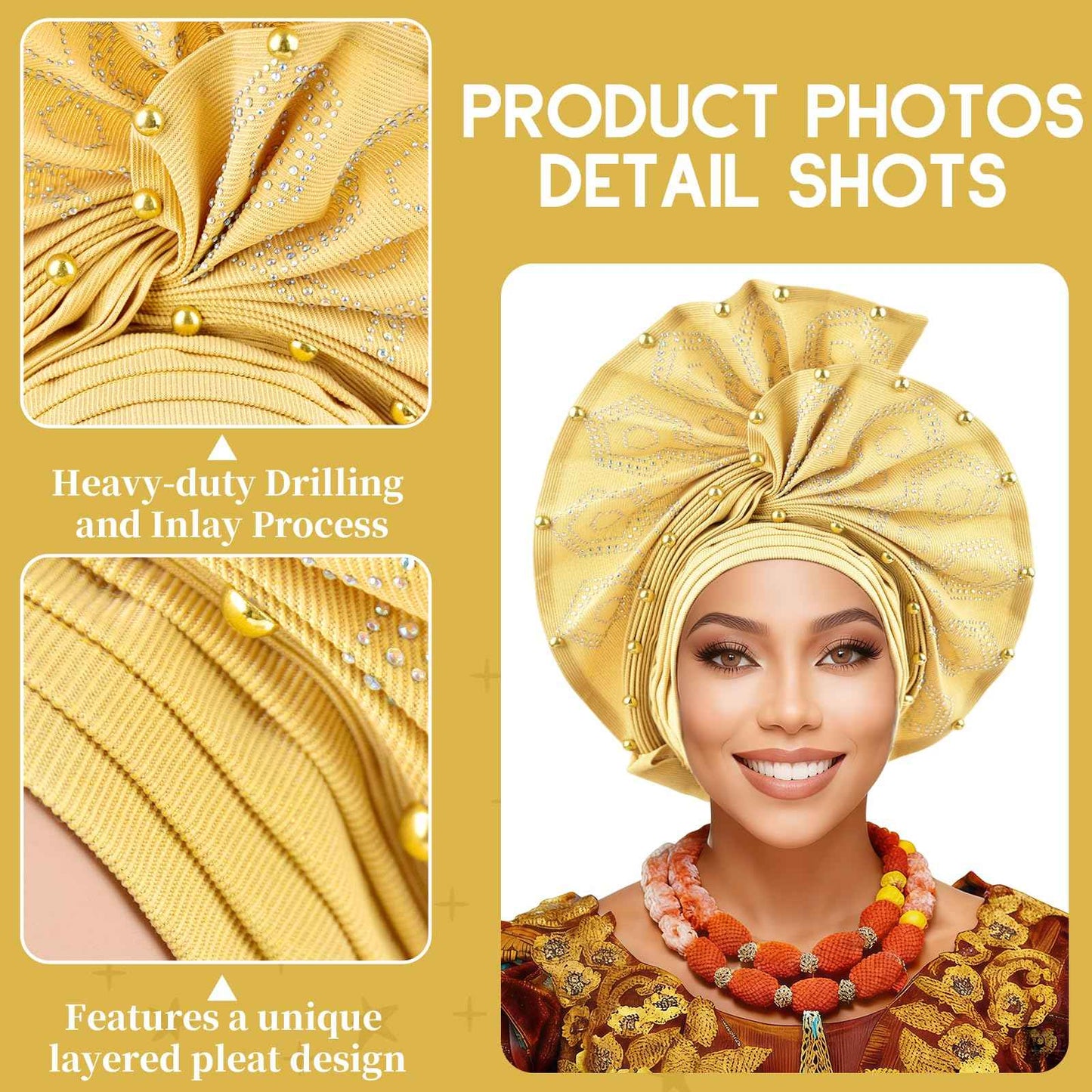 Nigerian headwear for Women African headscar,Auto Gele headband,hand wrap beaded - made for weddings parties events (Gold)