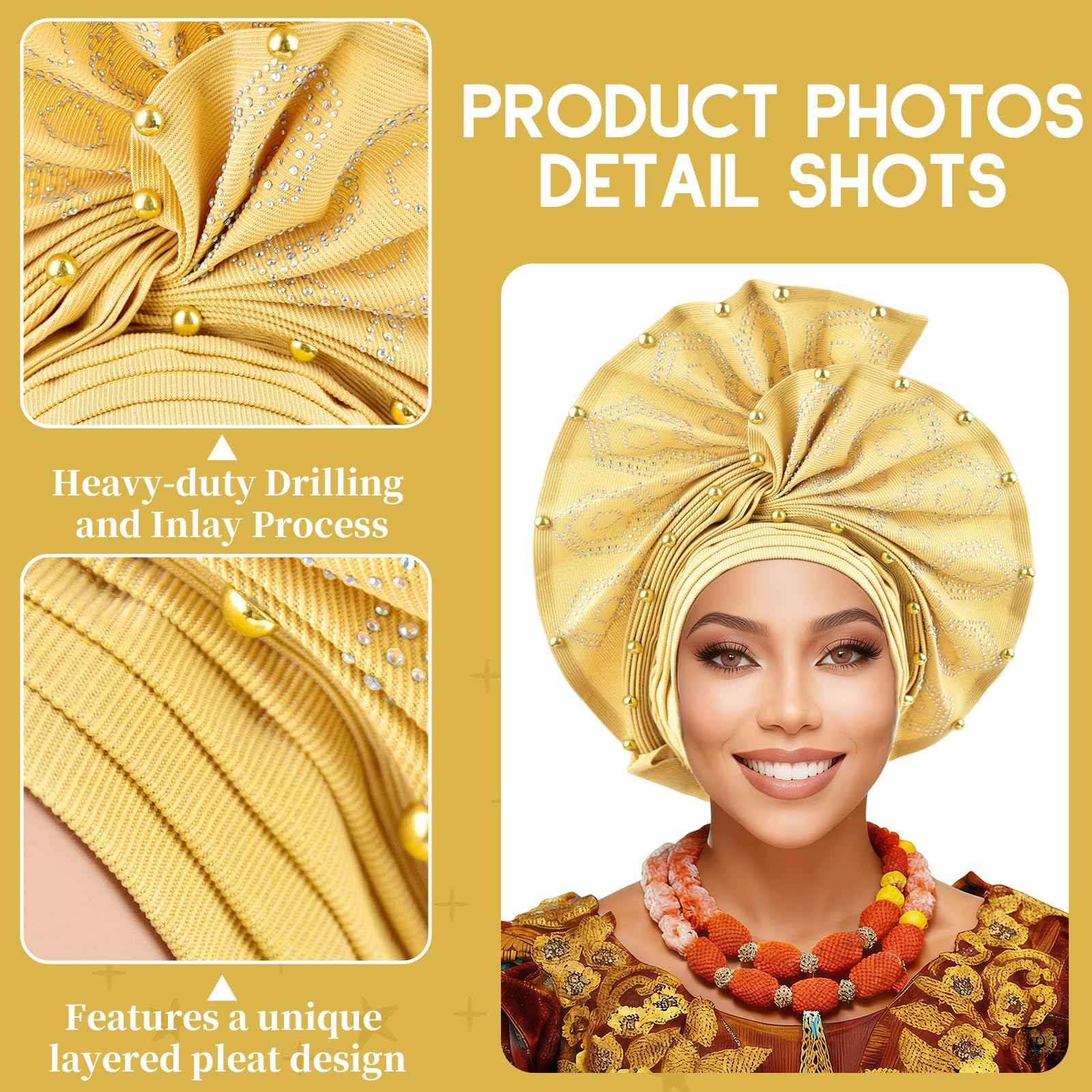 Nigerian headwear for Women African headscar,Auto Gele headband,hand wrap beaded - made for weddings parties events (Gold)