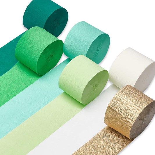 PartyWoo Crepe Paper Streamers 6 Rolls 492ft, Pack of Lime Green, Dark Green, Mint Green, Gold Party Streamers for Birthday Decorations, Party Decorations, Wedding Decorations (1.8 Inch x 82 Ft/Roll)