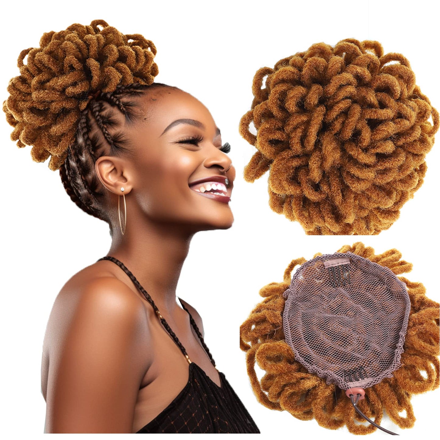 DreadLock Bun 10" Loc Petal Bun Afro High Puff Drawstring Ponytail Wig Synthetic Faux Locs Hair Bun Pony Tail Hairpieces Clip In Hair Extentions for Black Women (10 Inches 30# Color)