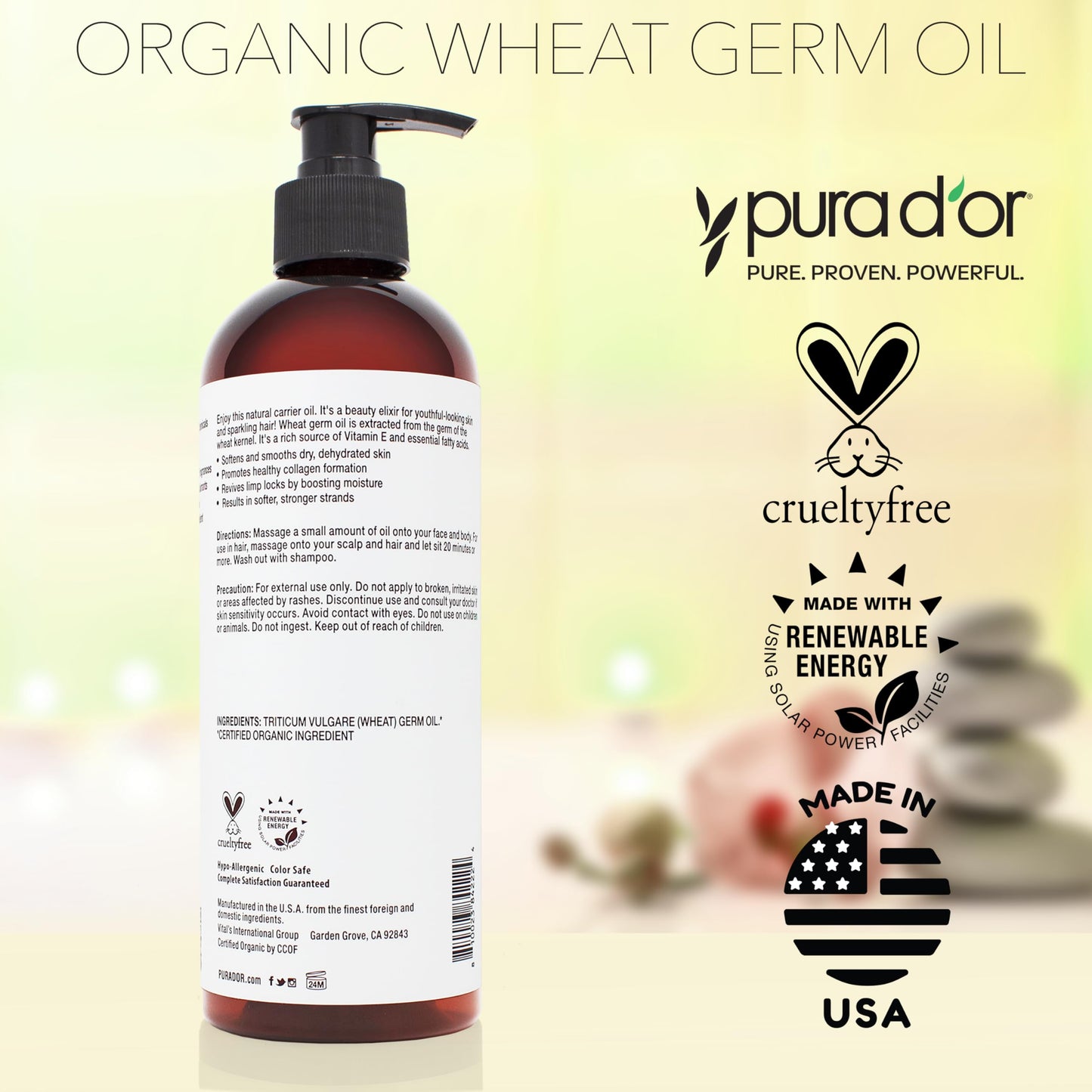 PURA D'OR 16 Oz ORGANIC Wheat Germ Oil - 100% Pure & Natural USDA Certified Cold Pressed Carrier Oil - Vitamin E Rich, Moisturizing & Nourishing Anti-Aging Properties - Healthy Hair Growth & Skincare