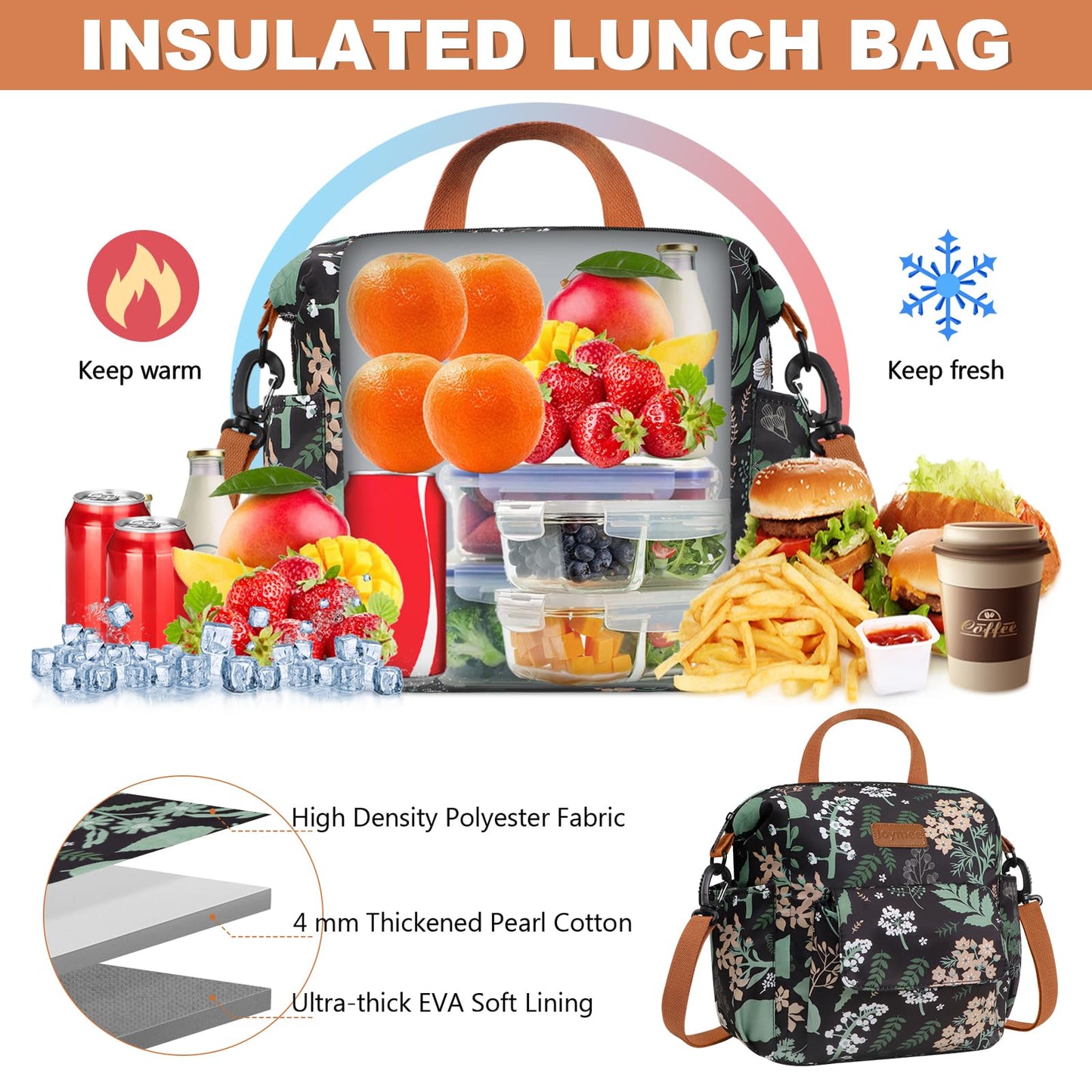 Joymee Insulated Lunch Bag for Women Men- Leak-proof Large Capacity Reusable Versatile Lunch Bag Adjustable Shoulder Strap Side Pockets- Lunch Cooler Bag for Adult - for Trip, Picnic, Work,Leaf