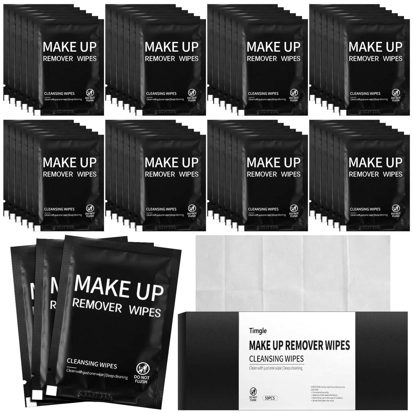 Timgle 200 Pcs Makeup Remover Wipes Gentle Cleansing Makeup Wipes Waterproof Individually Wrapped Makeup Remover Deep Pore Cleansing Facial Cleansing Wipes for Removing Makeup Dirt (Black)