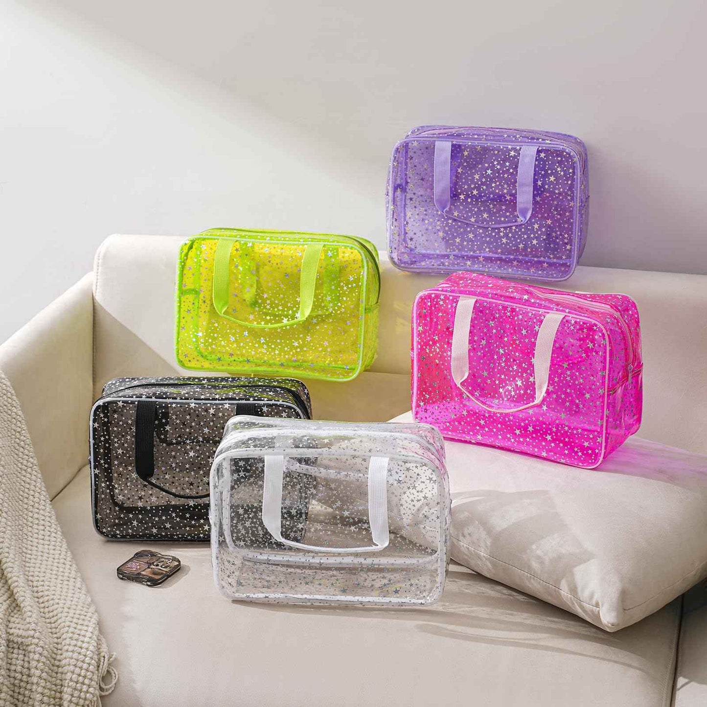 RSRSLEII Clear PVC Star Large Cosmetic Bag, Transparent Large Zippered Opening Makeup Bag, Portable Waterproof Travel Bag with Handle, Gym, Swimming and Beach Bag (01Pink)