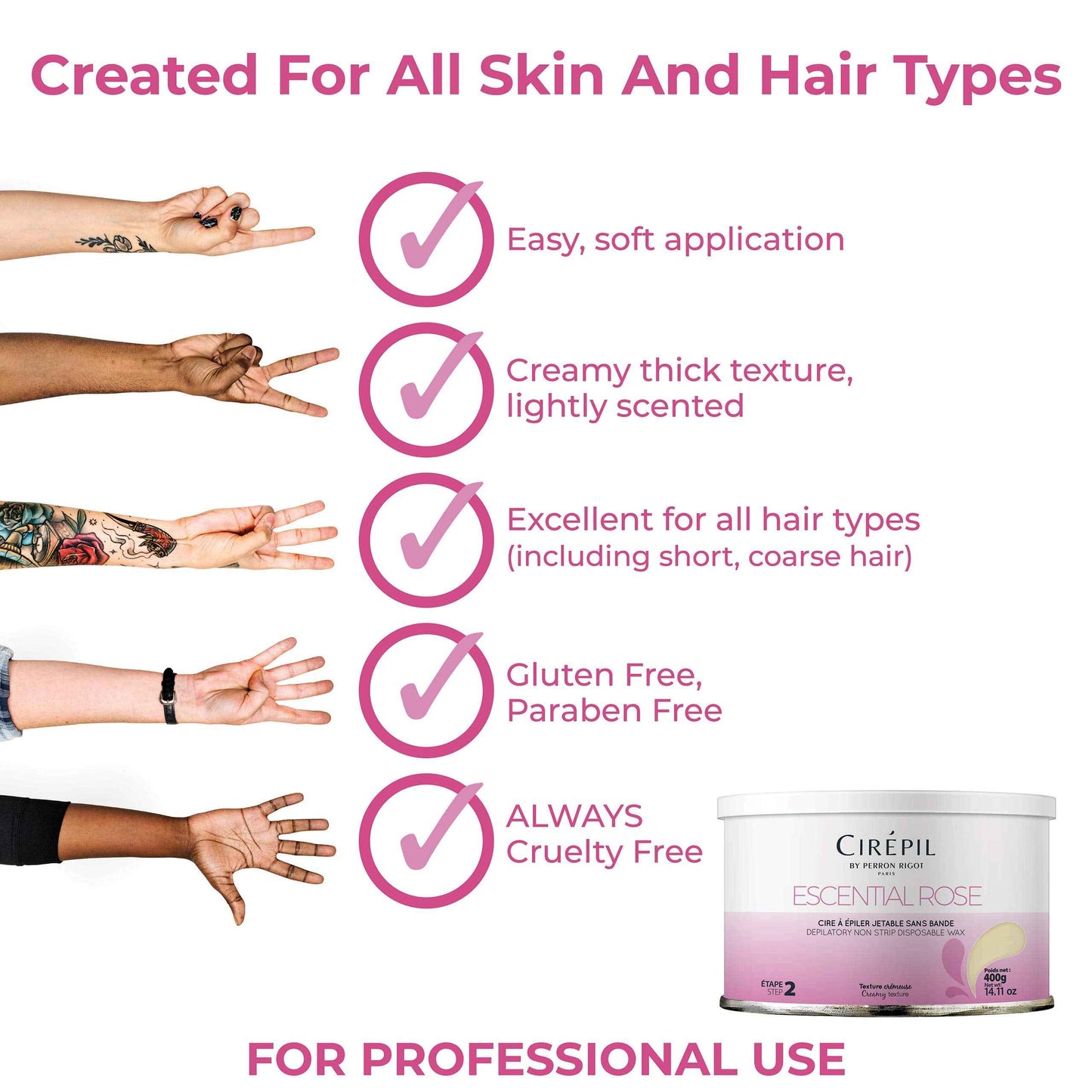 Cirepil - Escential Rose - 400g / 14.11 oz Wax Tin - Light Rose Scent - Creamy Texture - All-Purpose, Excellent for Short, Coarse or Shaved Hair - Easy Removal, No Strips Needed