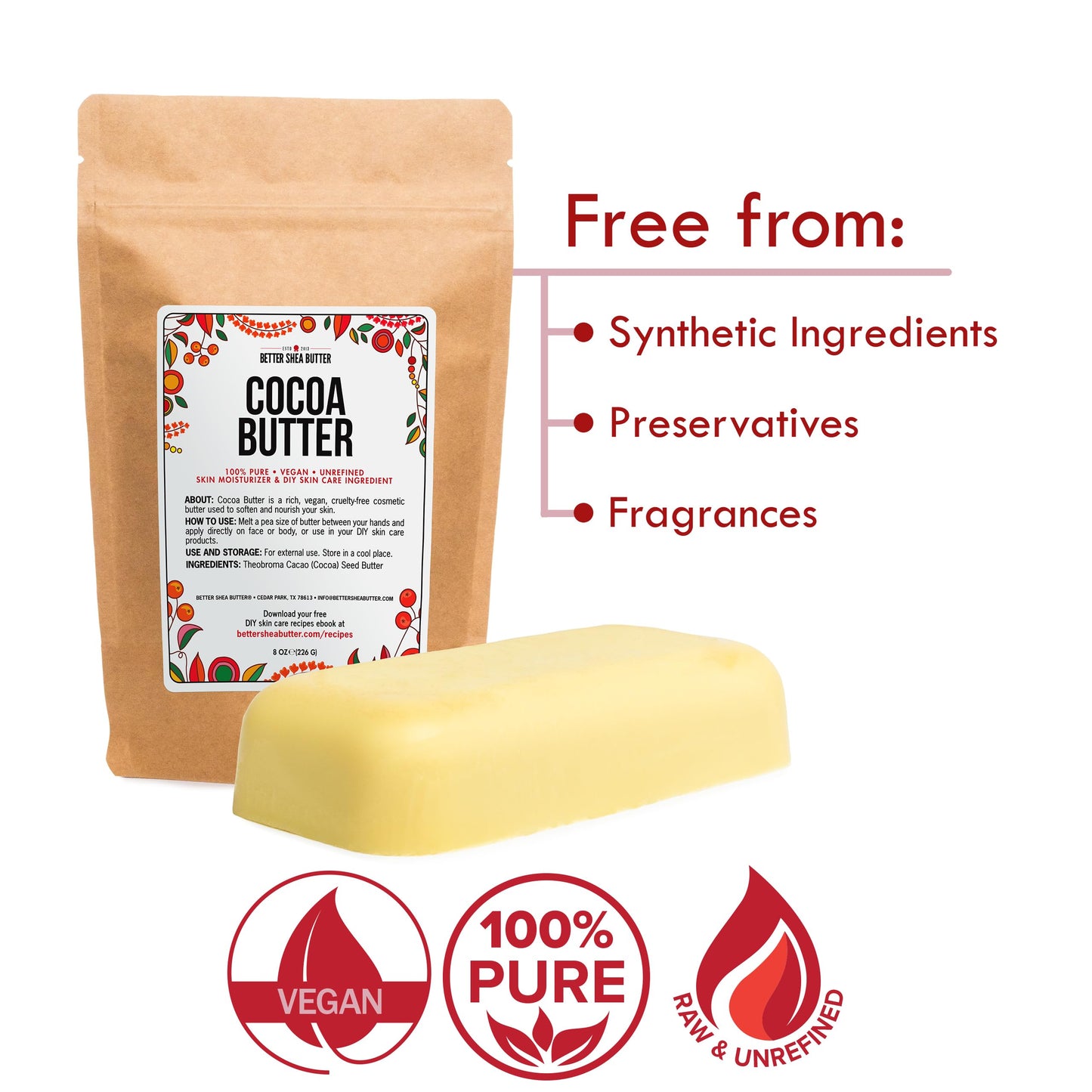 Better Shea Butter Cocoa Butter - 8 oz Block, Deeply Moisturizes Skin, Diminishes Scars, Stretch Marks, Soothes Dry Skin