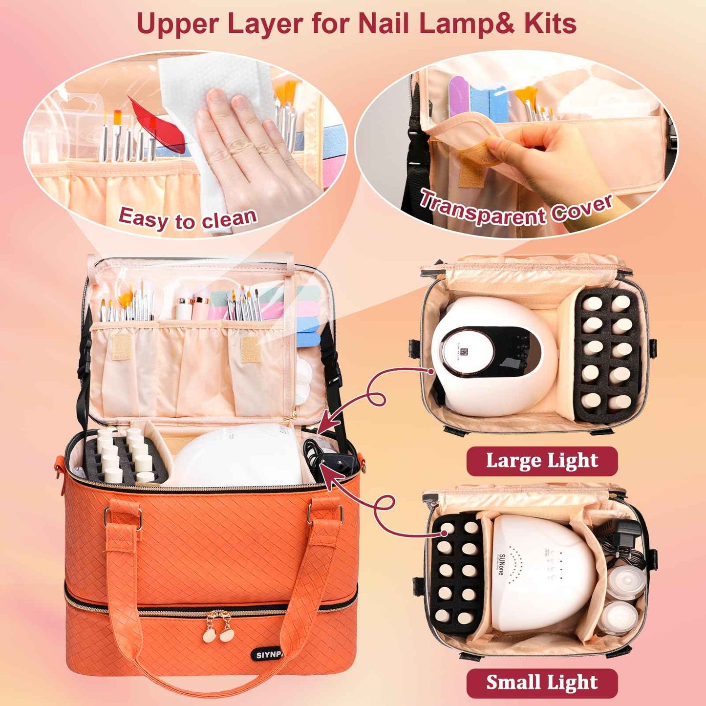 SIYNPAV Nail Polish Organizer Bag Holds 50 Bottles (15ml/0.5 fl.oz)& Nail Lamp, Woven Leather Nail Kit Storage Case with Holder Staps, Portable Nail Supplies Organizer for Manicure Tools (Orange)