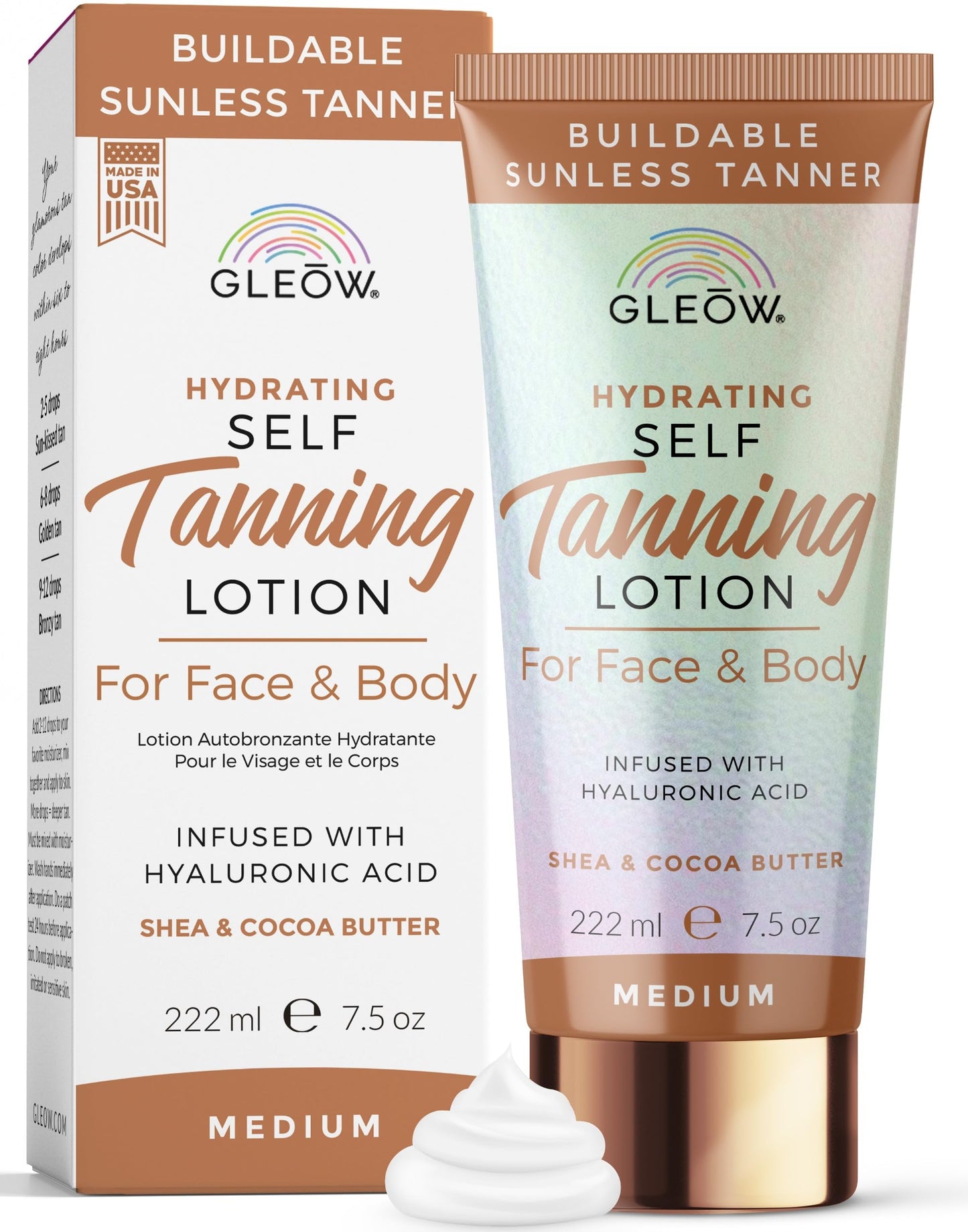 GLEOW Self Tanner New 2024 Self Tanning Lotion for Face & Body, Indoor Tanning Lotion, Sunless Tanner, Fake Tan Lotion, Face Tanner Quick Tan 7.5 oz