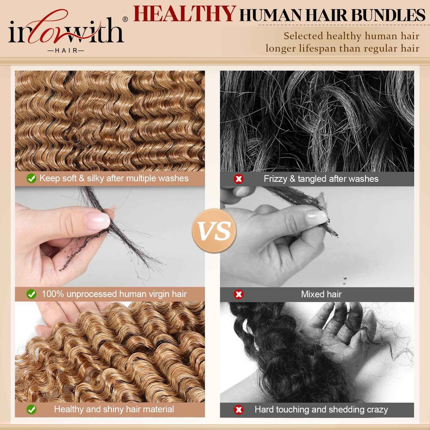 inlovwith Honey Blonde Deep Wave Human Hair Bundles, Selected Healthy Deep Curly Bundles Human Hair 27# Colored Brazilian Virgin Hair Wet and Wavy (Single Bundle, 18 Inches)