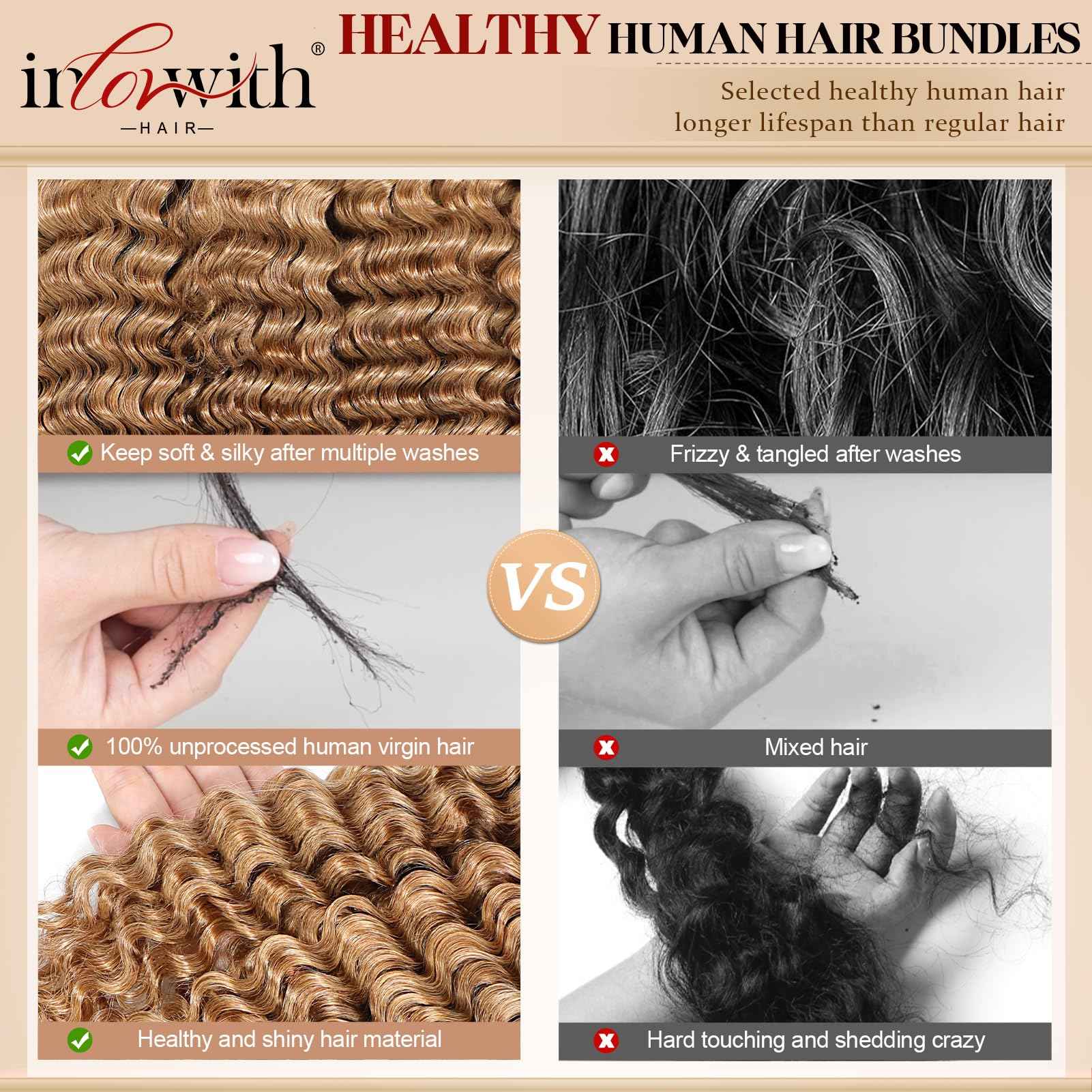 inlovwith Honey Blonde Deep Wave Human Hair Bundles, Selected Healthy Deep Curly Bundles Human Hair 27# Colored Brazilian Virgin Hair Wet and Wavy (Single Bundle, 18 Inches)