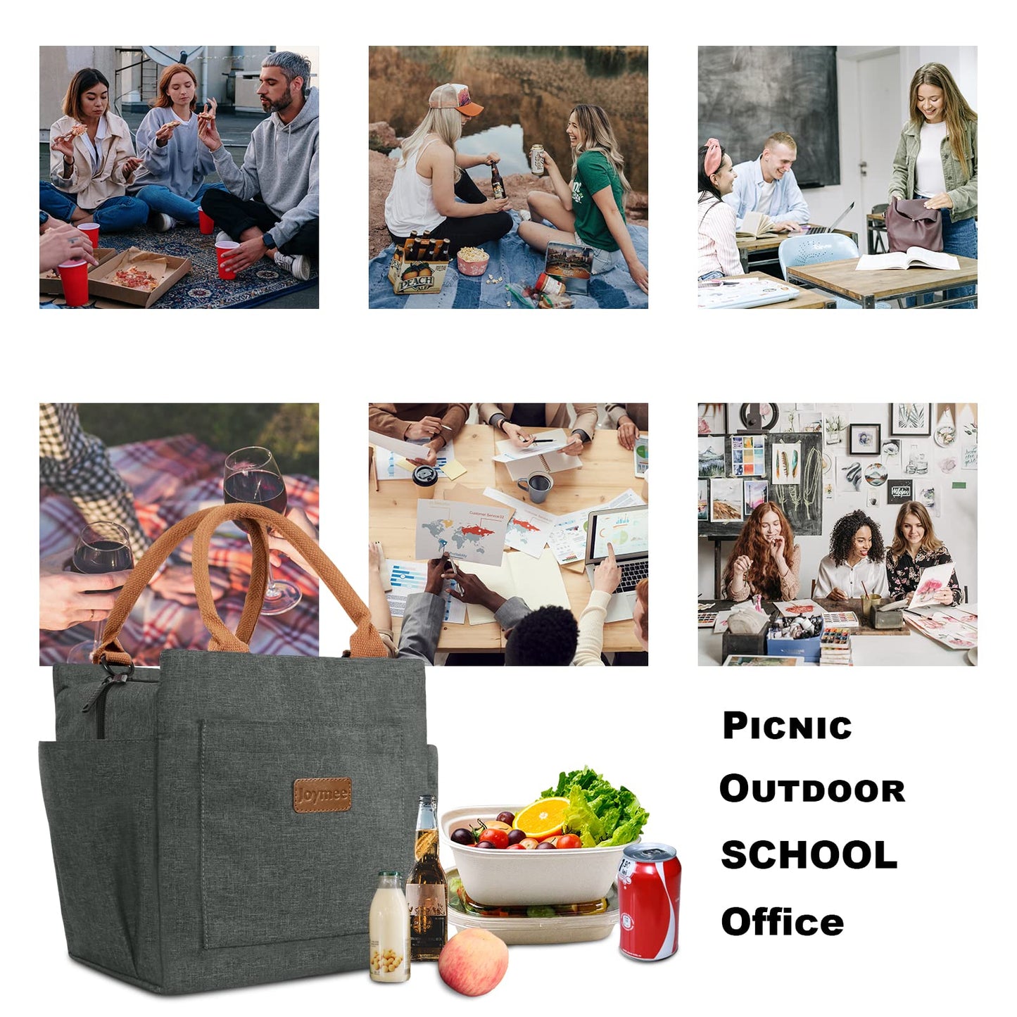 Joymee Lunch Bag Women Insulated Lunch Box Reusable Leakproof Large Spacious Cooler Tote for Womens Mens Adults with Bottle Holder and Side Pockets for Work Office Travel Picnic -Charcoal Gray