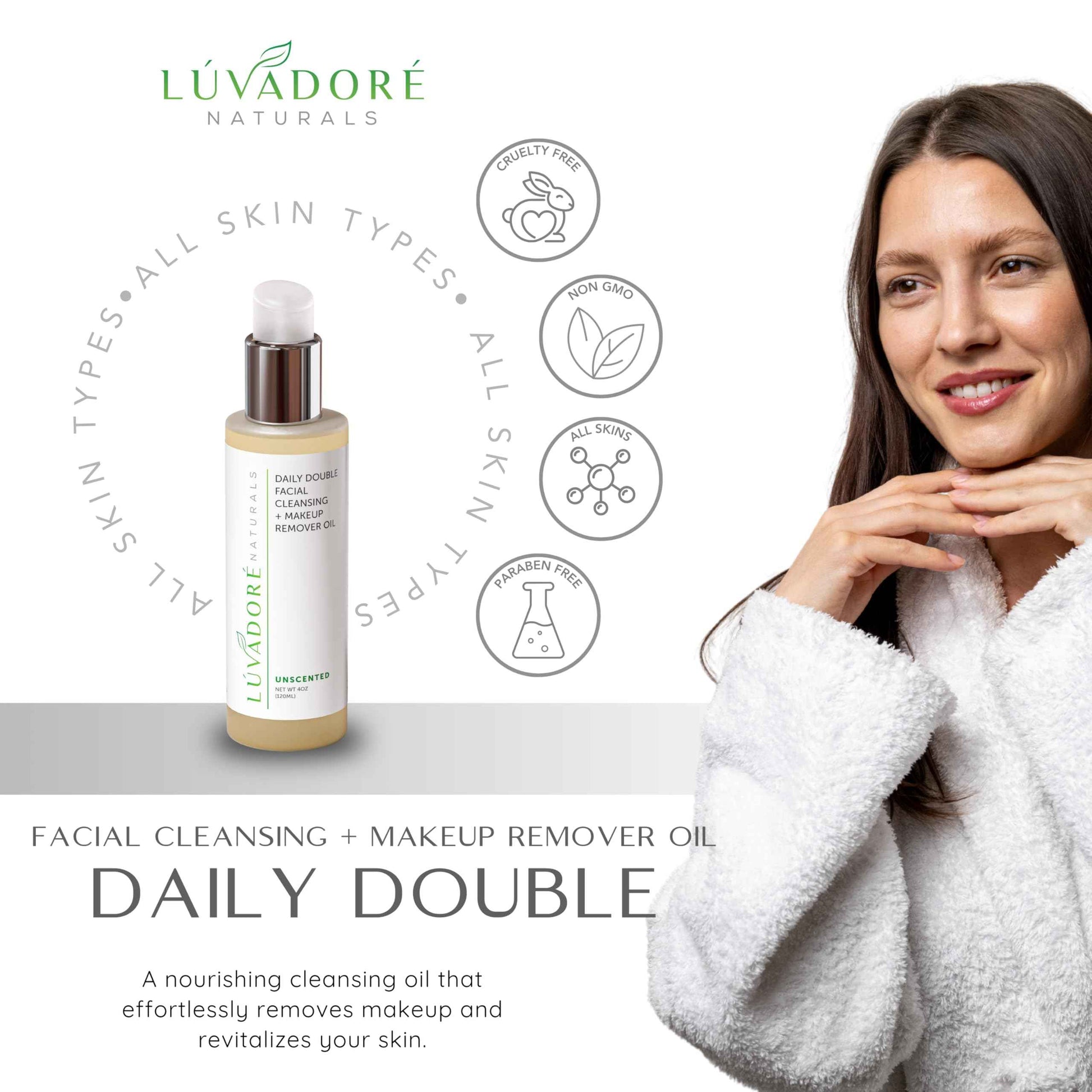 Luvadore Naturals Daily Double Face Wash and Makeup Remover – 2-in-1 Oil Face Cleanser – Hydrating Facial Cleanser with Grapeseed Oil, Avocado, Rice – Removes Makeup Impurities for Smooth Skin