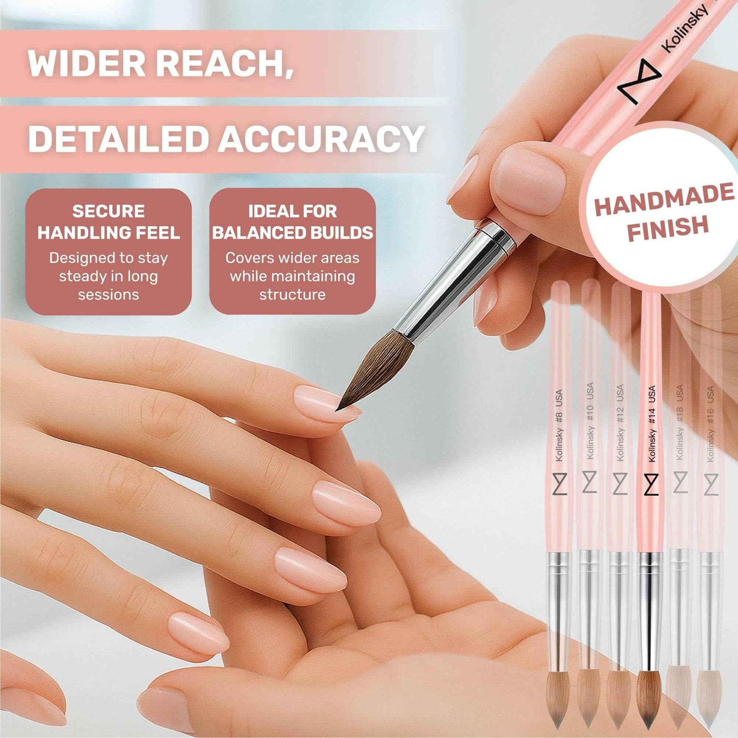 M – Majesti Pink 100% Kolinsky Acrylic Nail Brush | Professional Acrylic Sculpting & Application Brush | Handcrafted Premium Nail Art Tool for Nail Technicians (#14)