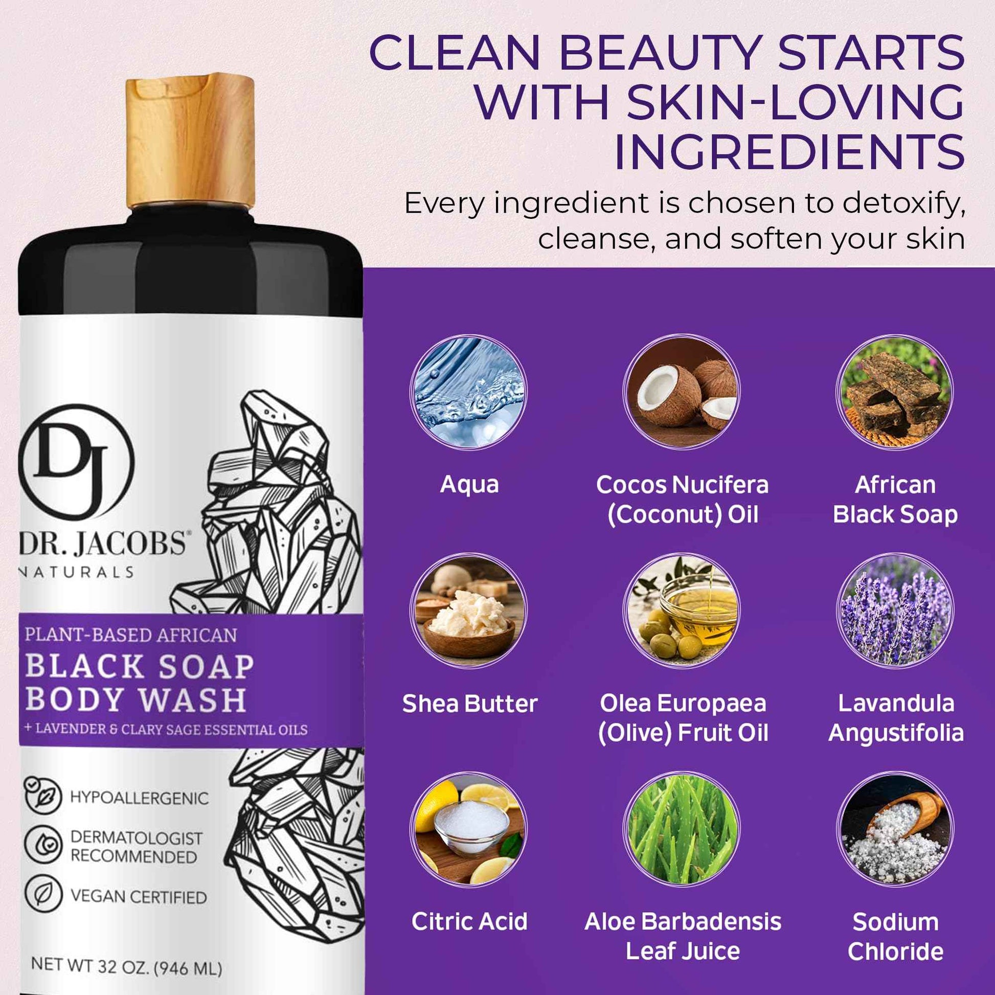 Dr Jacobs Naturals Authentic African Black Liquid Soap with Lavender & Sage Scent All-In-One Face Wash, Sensitive Skin Body Wash, Shampoo, Shaving Soap | Moisturizing and Nourishing Formula 32oz 2pk