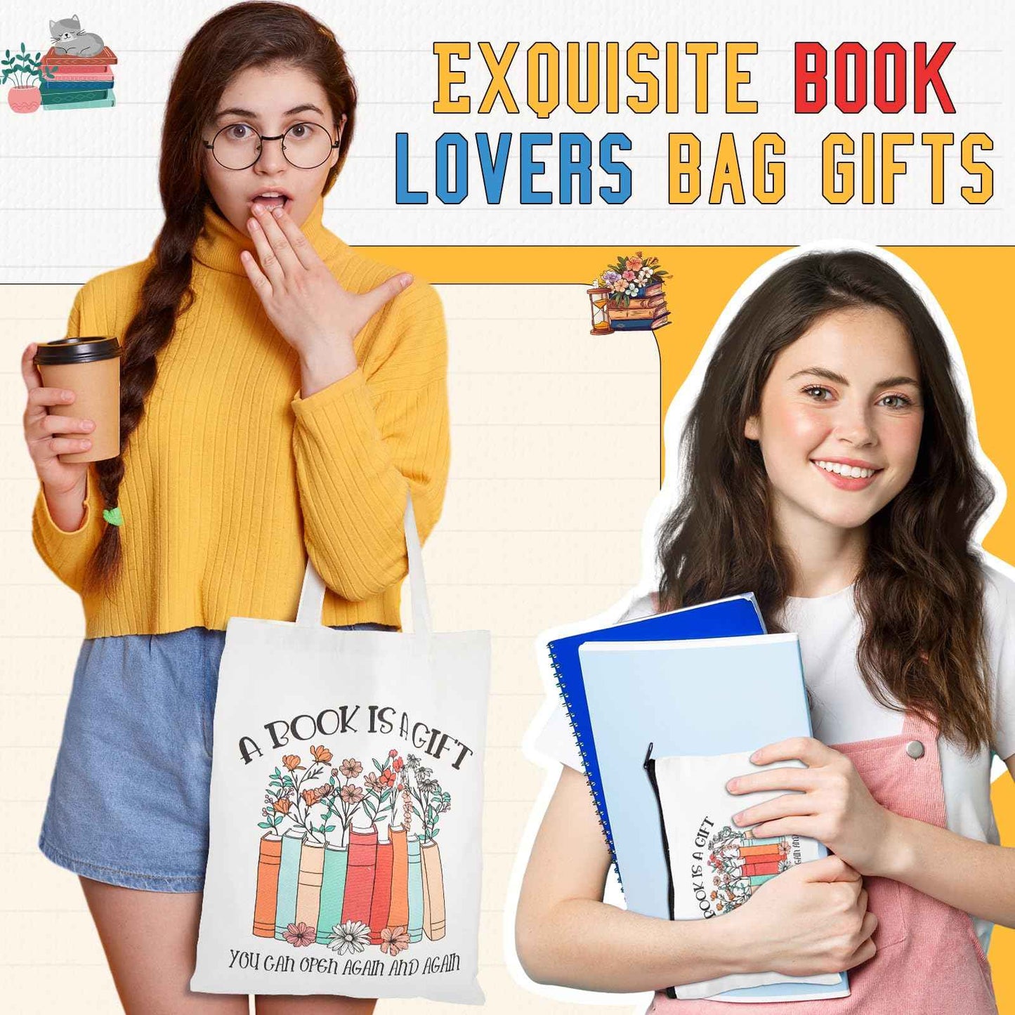 Paterr 12 Pcs Book Club Gifts Bulk Reading Canvas Tote Bag with Makeup Bag Book Lovers Gifts for Women - Reading Accessories, Librarian, Bookish, Readers, Author, Library Present