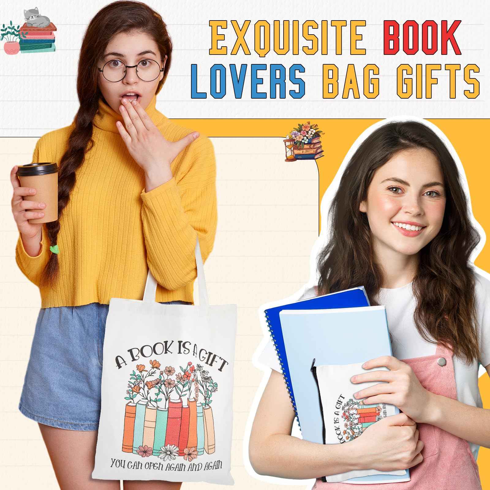 Paterr 12 Pcs Book Club Gifts Bulk Reading Canvas Tote Bag with Makeup Bag Book Lovers Gifts for Women - Reading Accessories, Librarian, Bookish, Readers, Author, Library Present