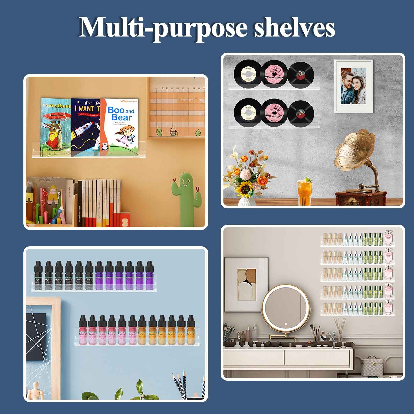 SOVQUEST Nail Polish Shelf Wall Acrylic Clear 15 Inch Rack Sunglass Organizer Multi-Purpose Floating Shelves for Beauty Salons Retailer Dressing Room (6 PCs)