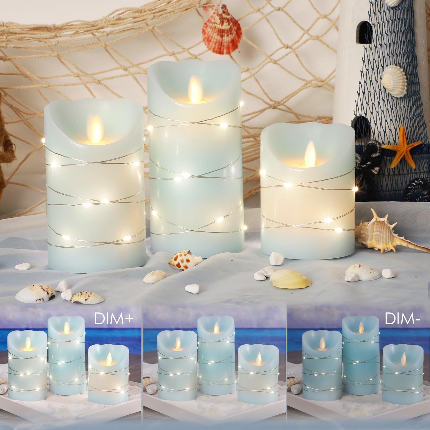 Silverstro Christmas Nautical Flameless Candles with String Lights Moving Wick Ocean Blue Battery Operated Candles with Remote Control & Timer - Home Farmhouse Holiday Thanksgiving Decor - Set of 3