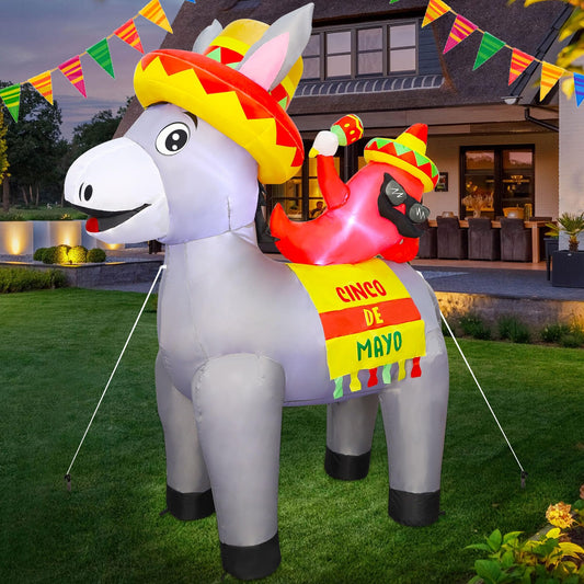 Joliyoou 5FT H Cinco de Mayo Inflatable Yard Decoration, Lighted Blow Up Donkey Carrying Mr. Chilli, Light Up Air Blown for Mexican Fiesta Fifth of May Home Garden Lawn Patio Festival Decor