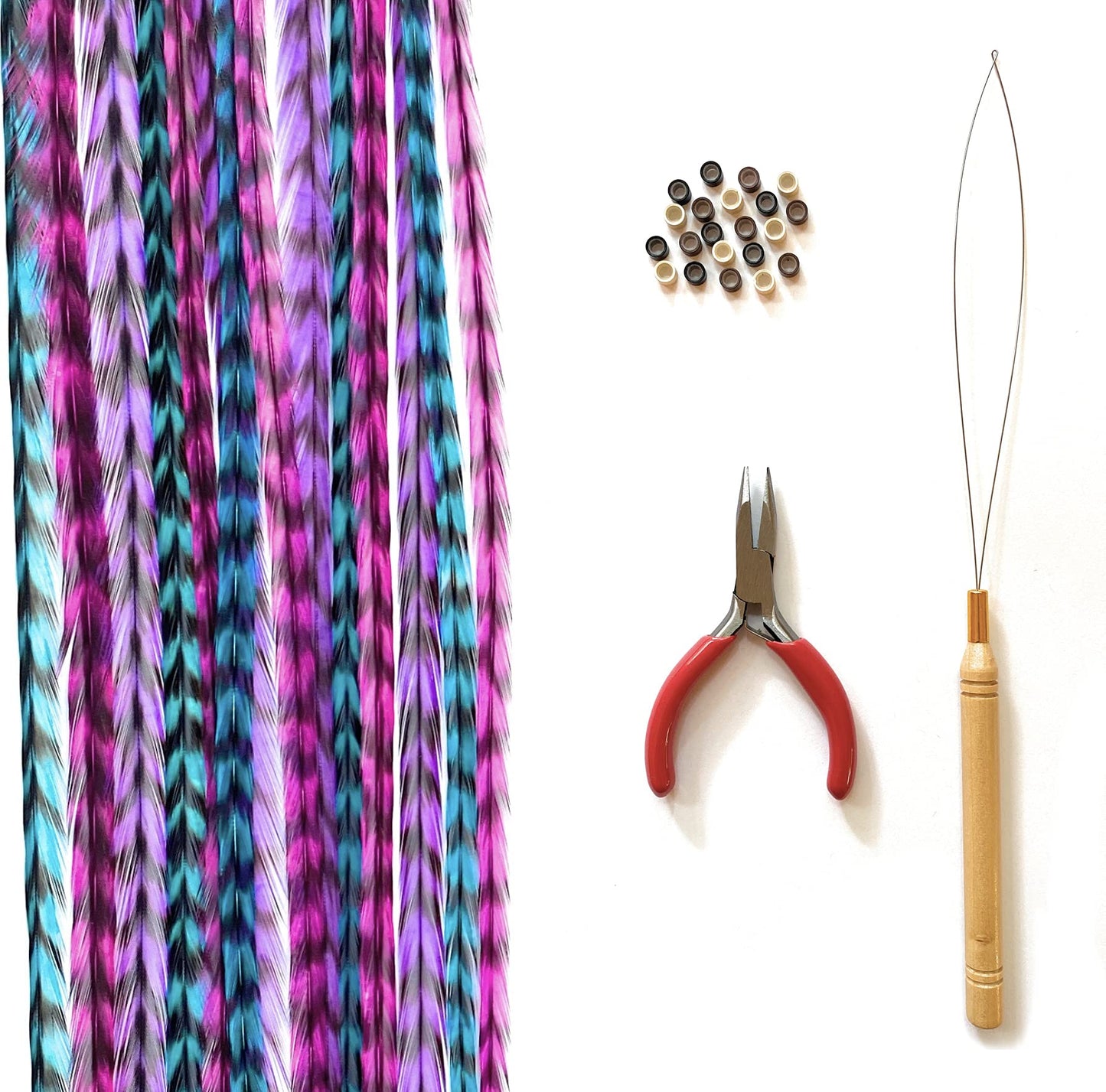 Hair Feathers Kit- Includes Feather Hair Extensions, in Long Pink, Purple, Blue Colors, Microlink Beads, Loop Tool and Pliers