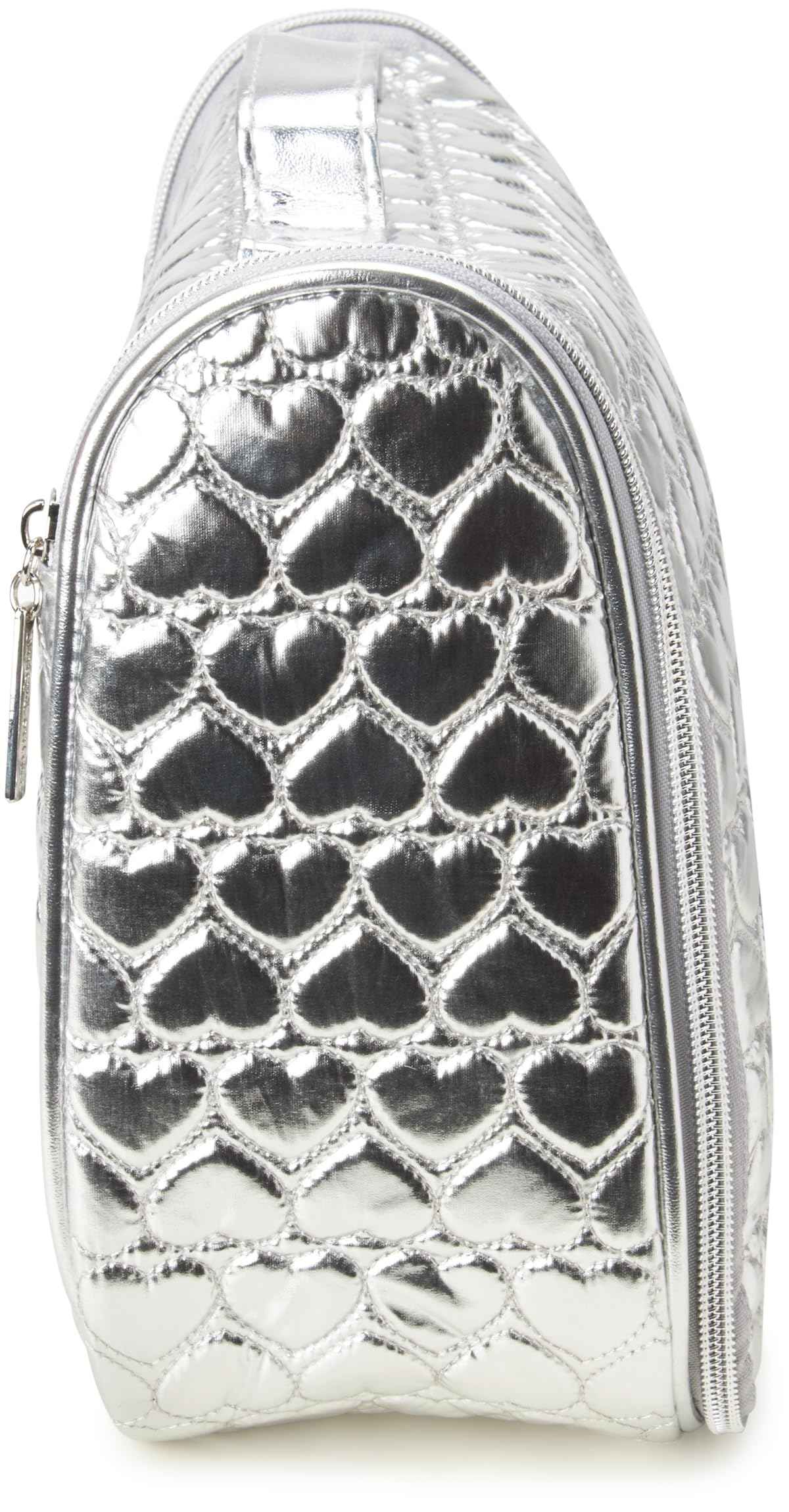 Juicy Couture Silver Makeup Bag Cosmetics Organizer Travel Essentials Hanging Hook Shiny Puffer Heart