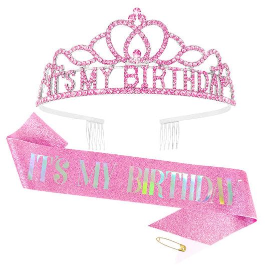 BAHABY Pink Birthday Crown for Women It's My Birthday Sash & Rhinestone Tiara Set Princess Birthday Sash and Tiara for Women Birthday Decorations Rhinestone Headband for Women Girls