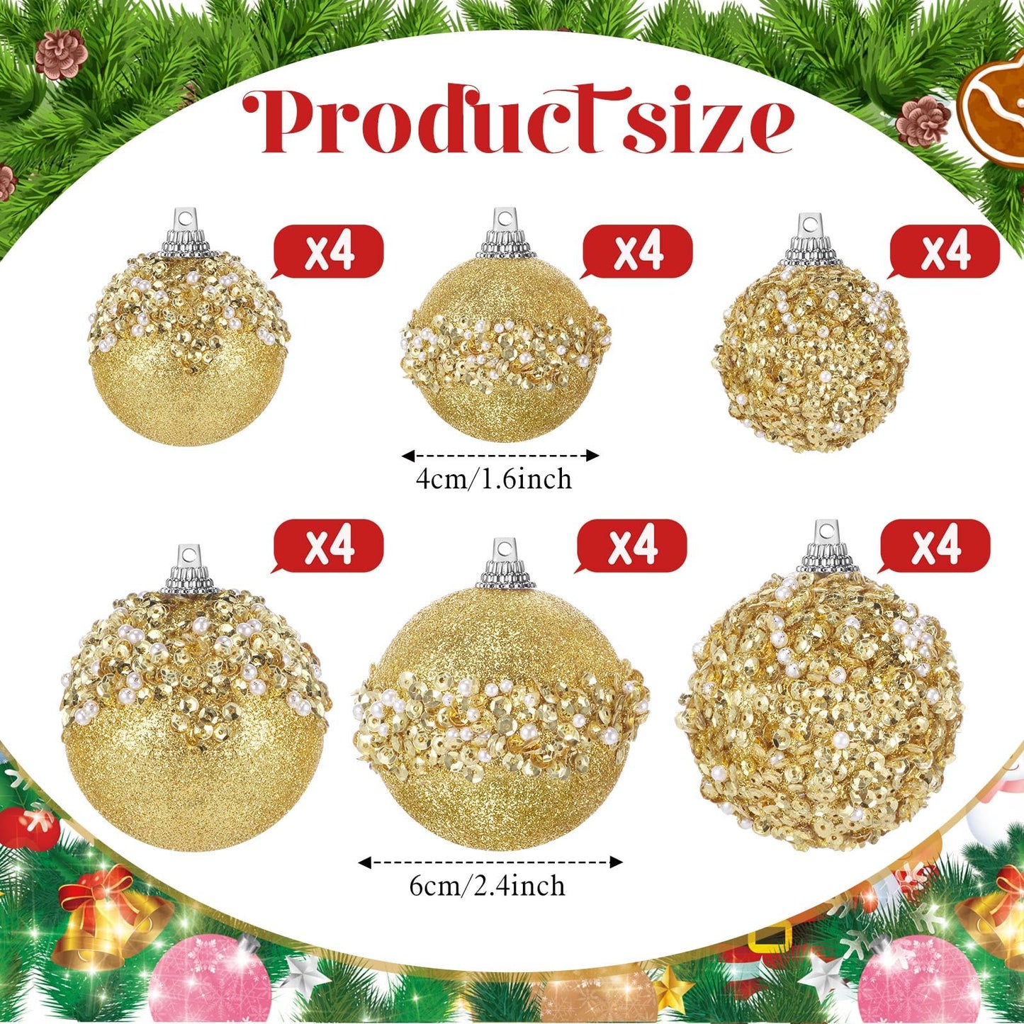 Poen 24 Pcs Glitter Christmas Ball Ornaments Set Christmas Tree Ornaments Hanging Sequin Foam Christmas Balls Decoration for Xmas Tree Wreath Garland Christmas Home Decor Wedding Party(Gold)