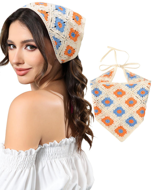 AWAYTR Crochet Head Scarf Hair Bandanas for Women Knit Bandana Headband Scarf Tie-Back Head Coverings Floral Headscarf for Girls (Blue + Orange)