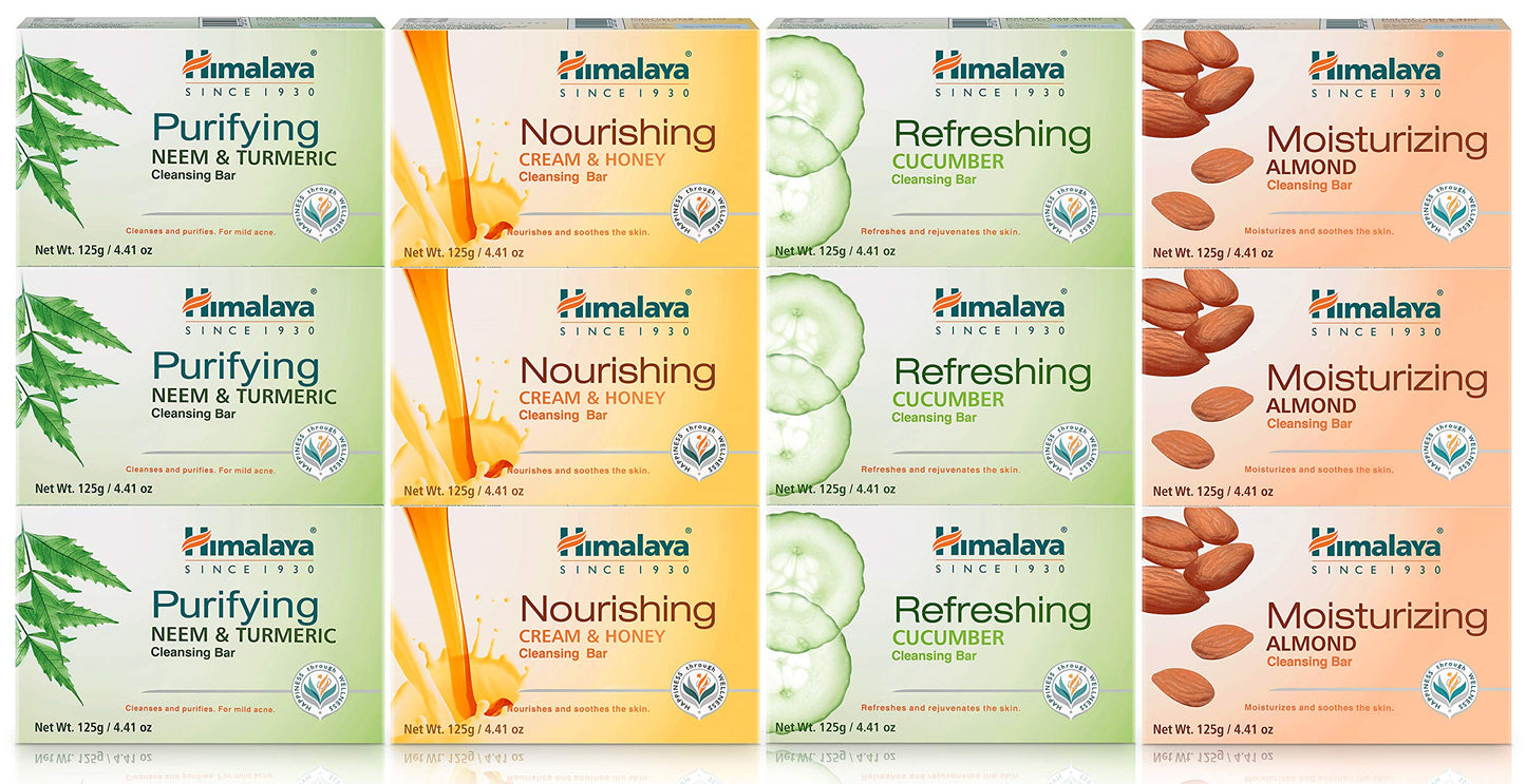 Himalaya Cleansing Bar Soaps Variety Pack, Neem & Turmeric, Almond, Cream & Honey and Cucumber, 4.41 oz, 12 Pack