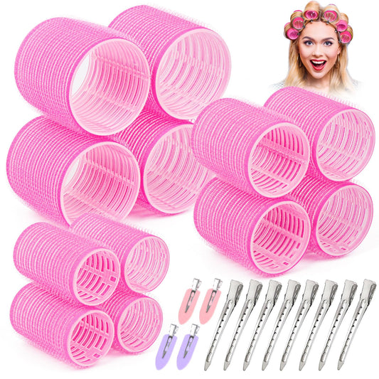 Dejiovey Hair Rollers Curlers for Blowout Look Long Hair 24PCS Stainless steel Clips Jumbo Large Medium (Pink)