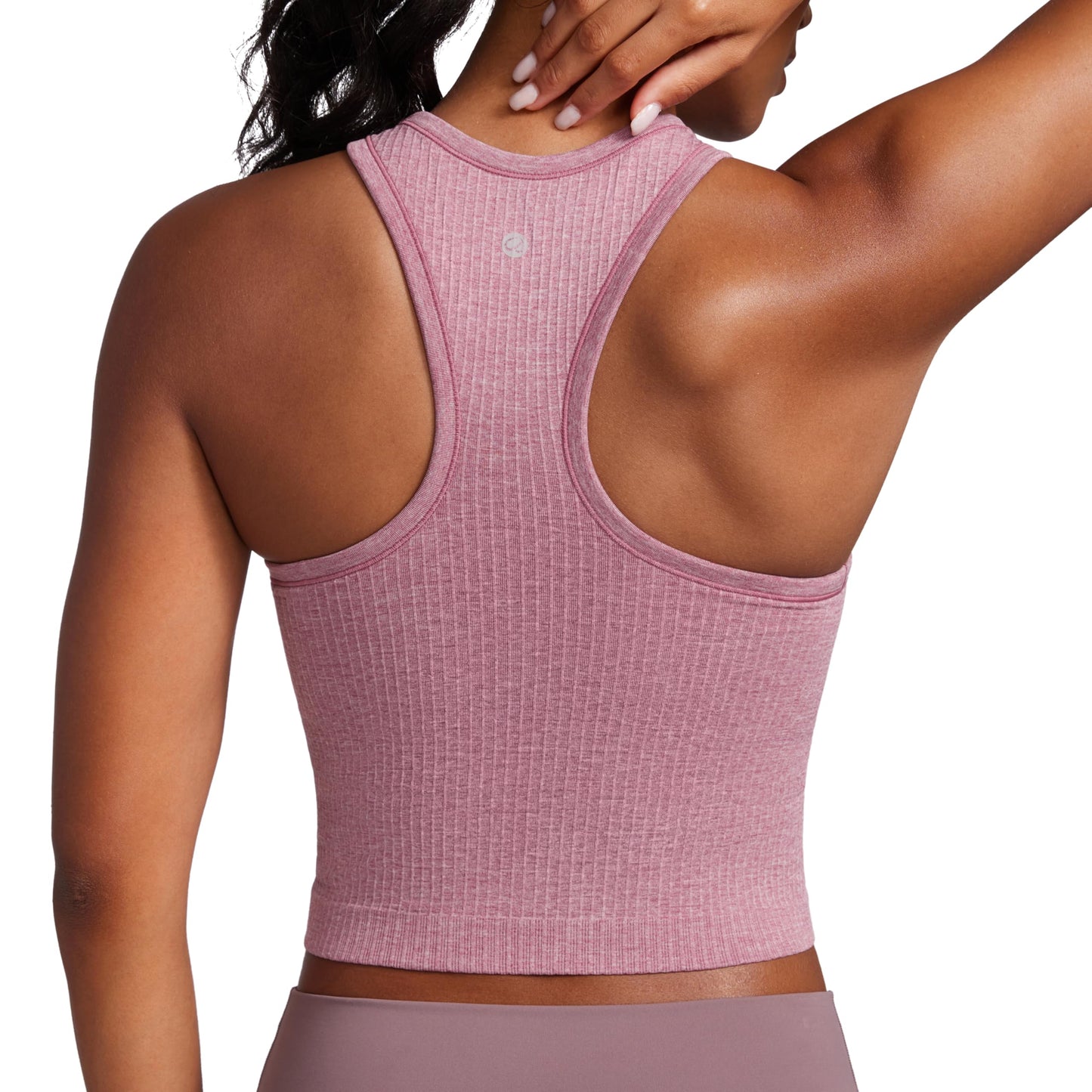 CRZ YOGA Womens Seamless Ribbed Longline High Neck Sports Bra - Racerback Padded Slim Fit Crop Tank Top with Built in Bra Misty Merlot Heather XX-Small