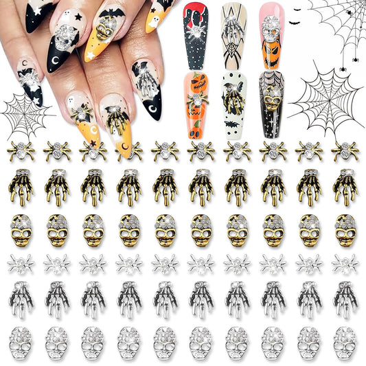 DANNEASY 60pcs Punk Nail Charms for Acrylic Nails Charms for Nails 3D Retro Skull Spider Skeleton Halloween Design Flat Back Nail Rhinestone Crystal Alloy Nail Studs Nail Jewels Decoration