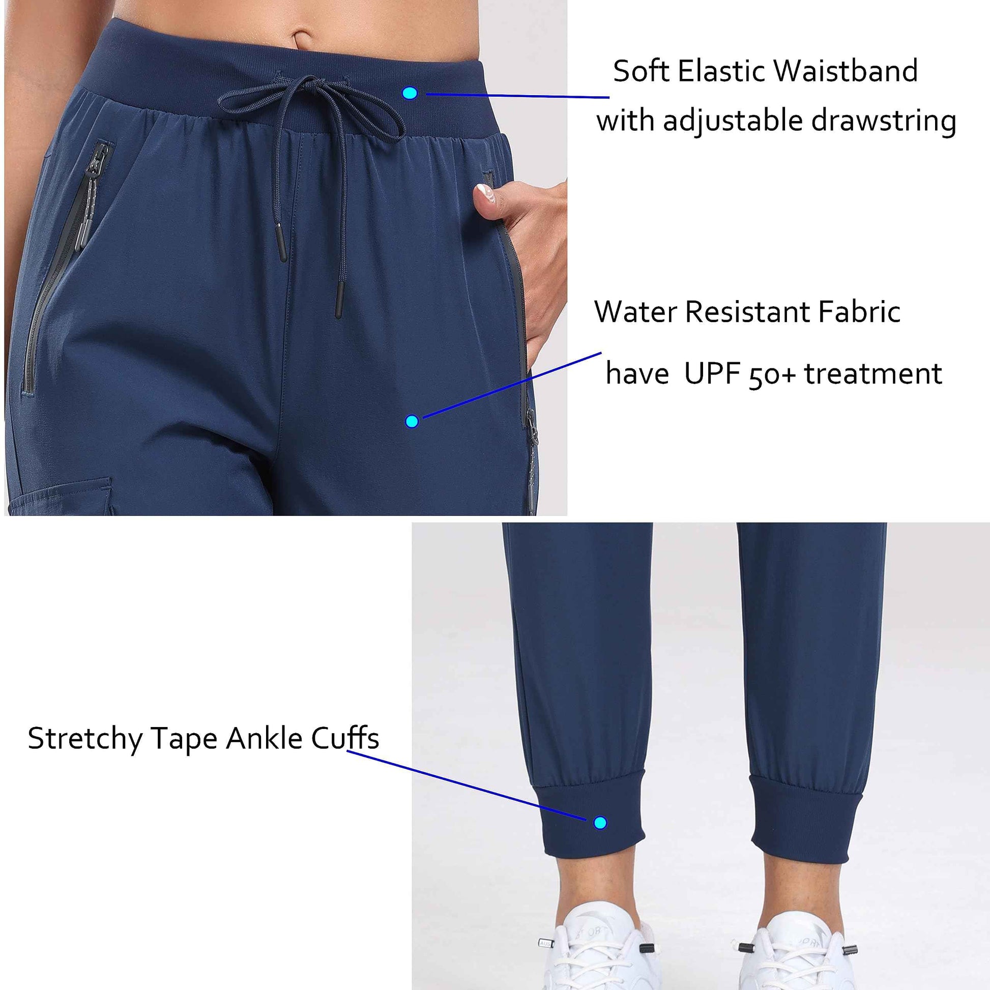 Oalka Women's Cargo Hiking Pants Lightweight Travel Pockets Joggers Quick Dry Navy Blue 2XL