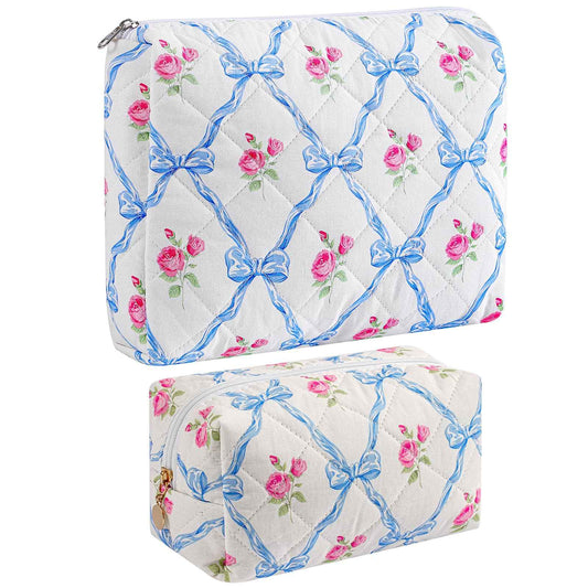 HHQQWZ Quilted Cotton Makeup Bag Travel Cosmetic Bag for Women Girls, Zipper Make Up Pouch, Bow Pattern Toiletry Organizer Makeup, Portable Storage Bag (2 Pack: Blue Bowknot)