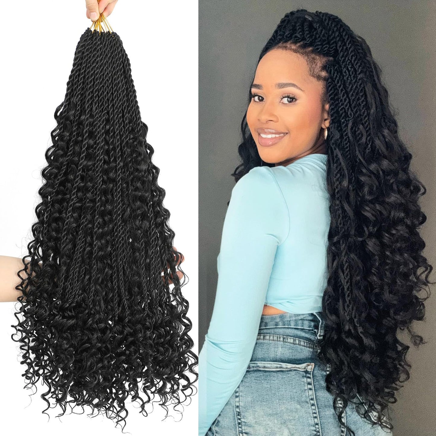 Senegalese Twist Crochet Hair with Curly Ends - 24 Inch Boho Island Twist Crochet Hair 8 Packs Boho Goddess Twist Crochet Hair Pre Looped Crochet Twists with Curly Ends(24(8Packs), 1B)