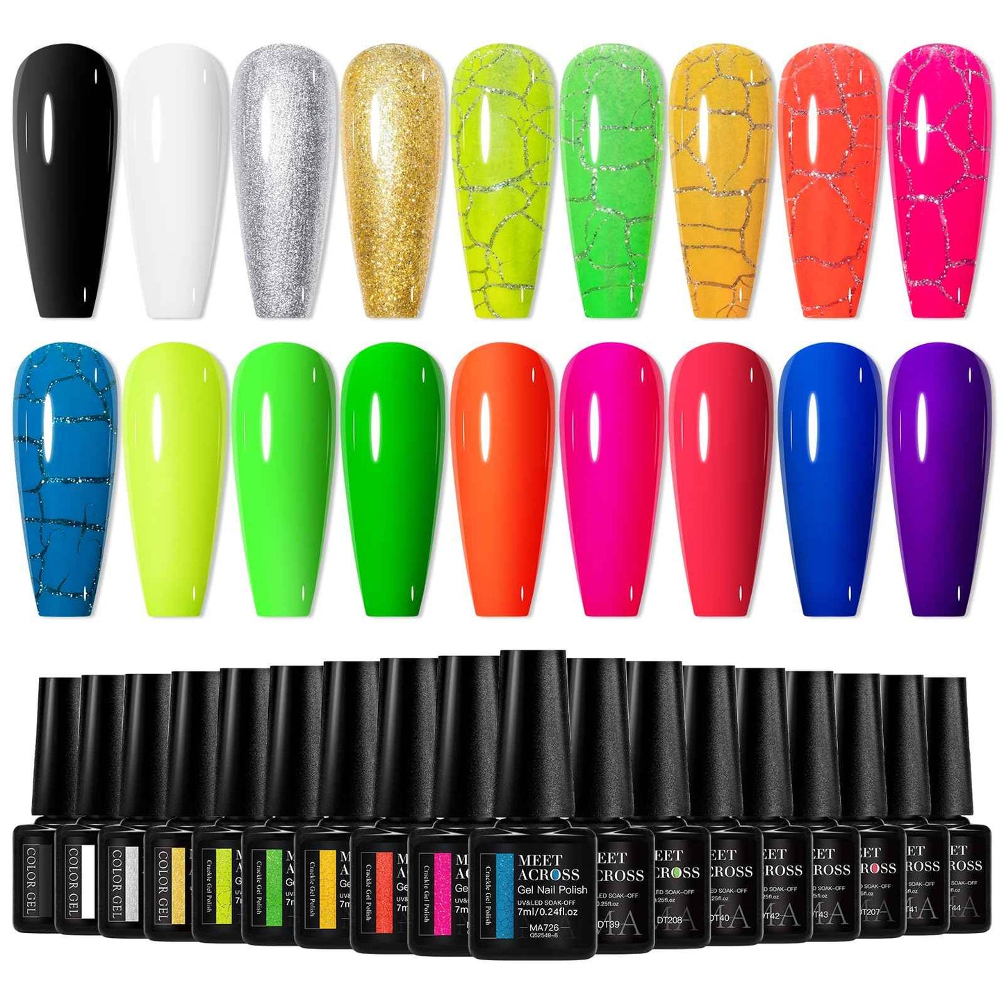 MEET ACROSS Neon Crackle Gel Nail Polish With Black White Sliver Glod Gel+ Glow in the Dark Gel Polish Kit 18Pcs*7ml