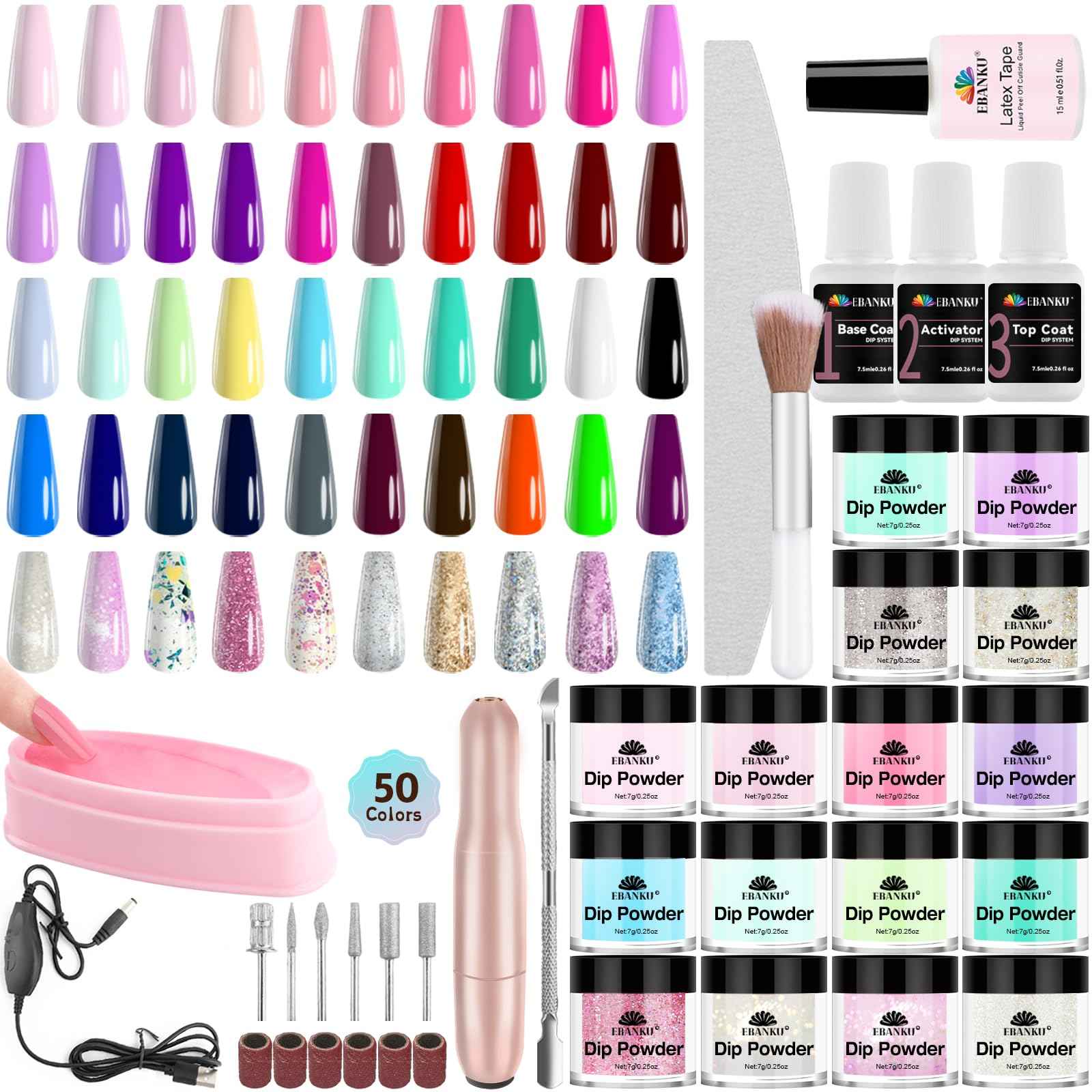 50 Color Dip Powder Nail Kit with Electric Nail Drill Base & Top Coat/Activator Liquid Nail Art Manicure Salon DIY for Daily at Home Party Gifts for Women