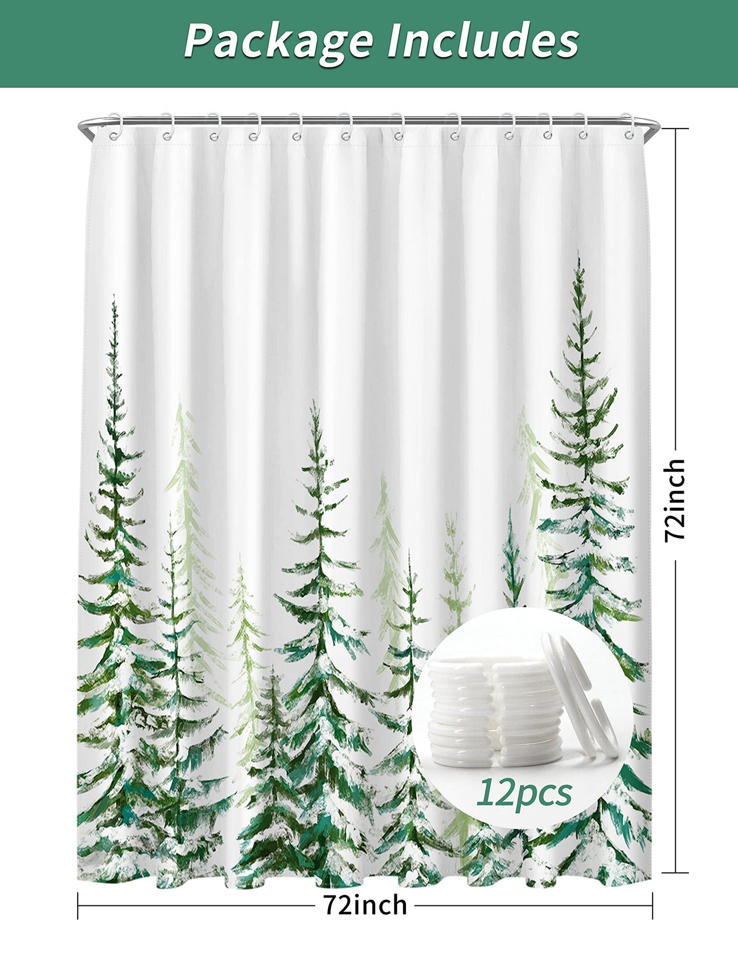 Maxpeuvon Christmas Shower Curtain for Bathroom Green Tree Farmhouse Rustic Modern White Snow Landscape Cloth Bathroom Curtain Sets with Hooks 72X72 inch