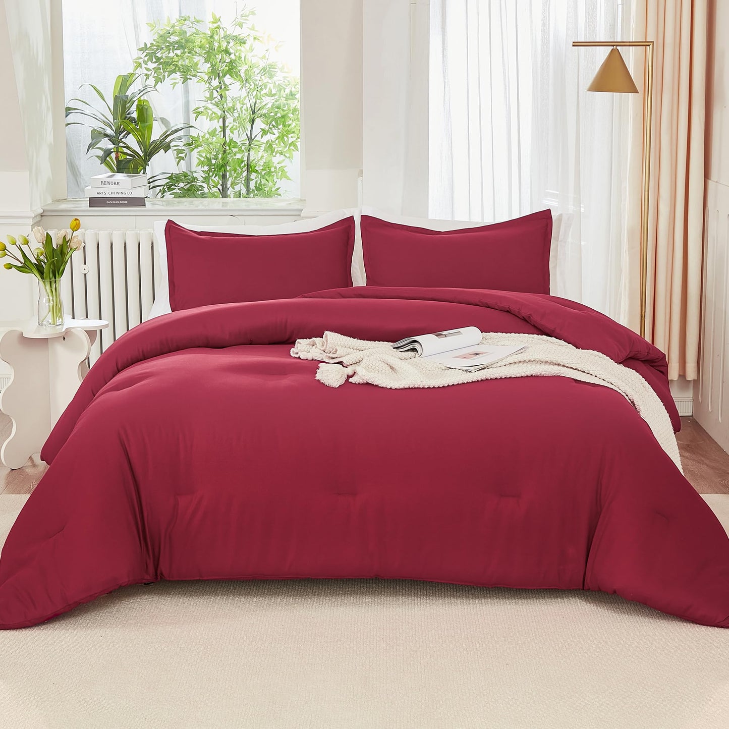 Litanika Burgundy Red Comforter Set Twin/Twin XL Size, 2 Pieces Lightweight Solid Bedding Comforter Set, All Season Fluffy Bed Set (66x90In Comforter & 1 Pillowcase)