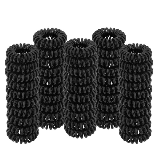 Spiral Hair Ties (Small Black, 50 Pcs Plastic Spiral) - Coil Ponytail Holders for Thick Hair, No Crease Phone Cord Ties for All Types