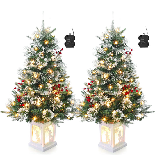 3FT Prelit Premium Snowman Artificial Snow Flocked Christmas Tree with Warm White LED,Prelit Pine Mini Tree for Christmas Decoration,Yard,Home,Office,Outdoor,Indoor,8 Mode Snowman White Base- 2PCS