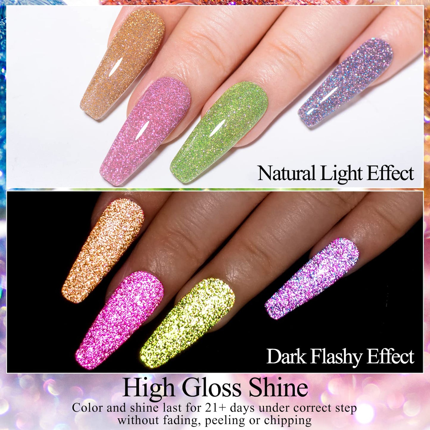 MEET ACROSS Colour Reflective Glitter Gel Nail Polish, Shimmery Glitter Gel Polish Set, Sparkly Shiny Gel Nail Art Varnish Manicure Kit, Soak Off LED Lamp, for Beginners DIY at Home