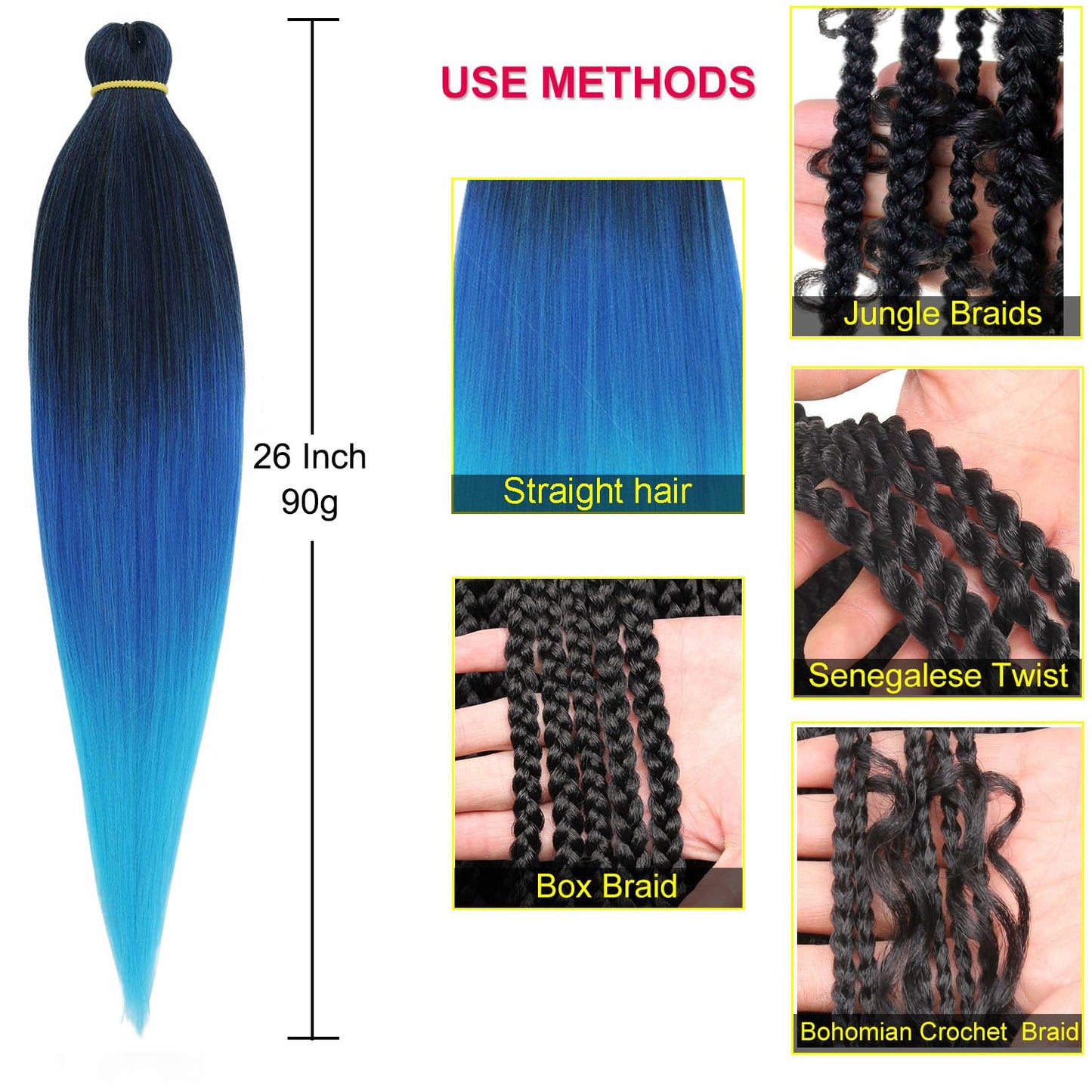 Leeven Pre-Stretched Braiding Hair 26 Inch 2 packs Hot Water Setting Synthetic Hair Crochet Braiding Hair Extension(Black/Dark Blue/Light Blue)