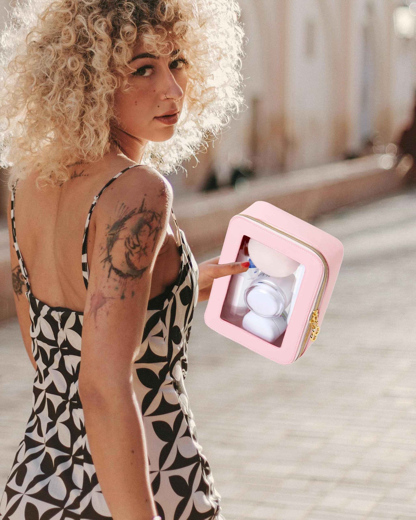 JRQCSJY Small Clear Makeup Bag for Purse, Cute Mini Clear Cosmetic Bag Case Organizer, TSA Approved Square Small Makeup Case Pouch with Zipper, Car Travel Purse Essentials for Women (Pink, S)