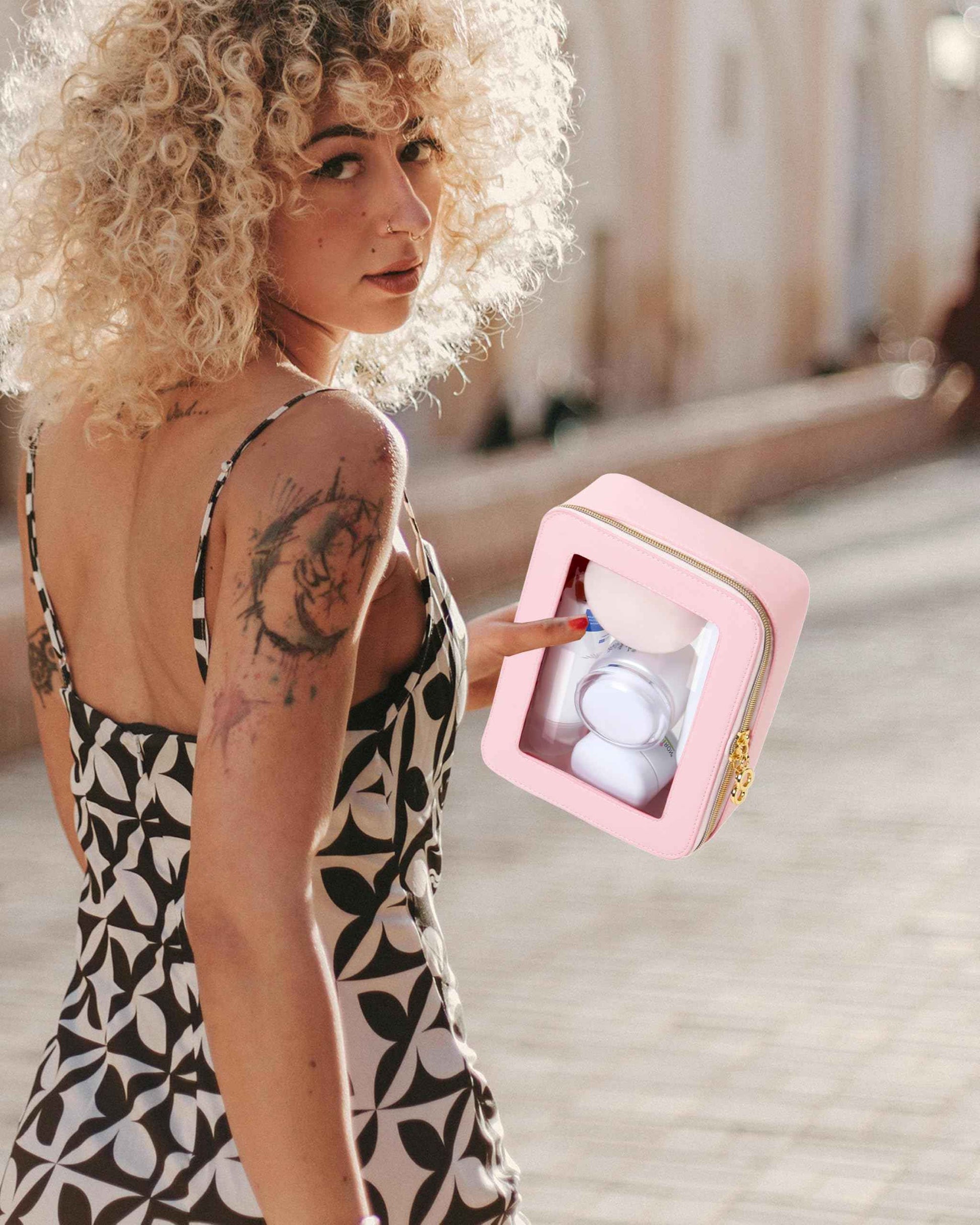 JRQCSJY Small Clear Makeup Bag for Purse, Cute Mini Clear Cosmetic Bag Case Organizer, TSA Approved Square Small Makeup Case Pouch with Zipper, Car Travel Purse Essentials for Women (Pink, S)