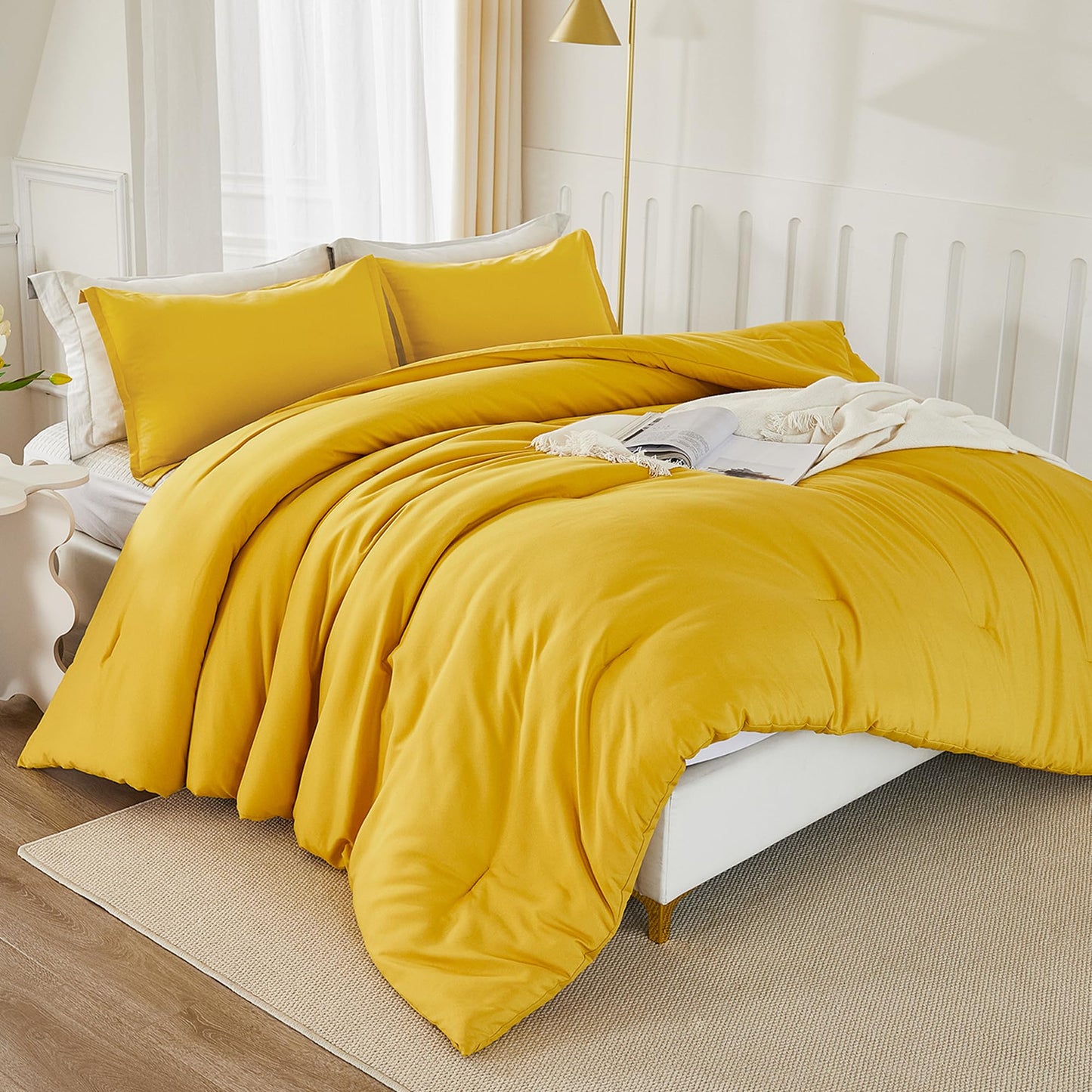 Litanika Mustard Yellow Comforter Set Twin/Twin XL Size, 2 Pieces Lightweight Solid Bedding Comforter Set, All Season Fluffy Bed Set (66x90In Comforter & 1 Pillowcase)