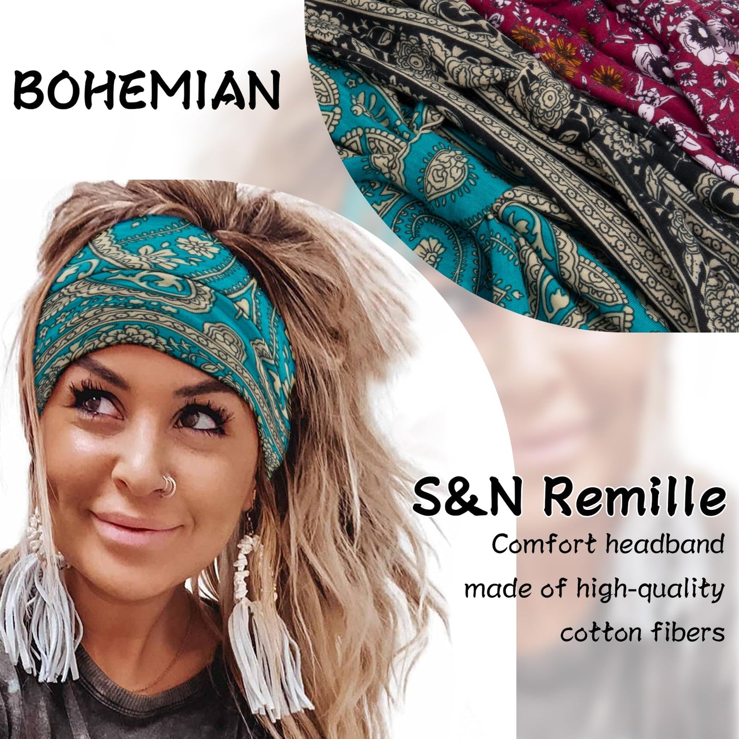 S&N Remille Wide Boho Headbands, Large Hairband for Women, Elastic Non-Slip Headband Twisting Accessories, Auitable for Sports Yoga And Running